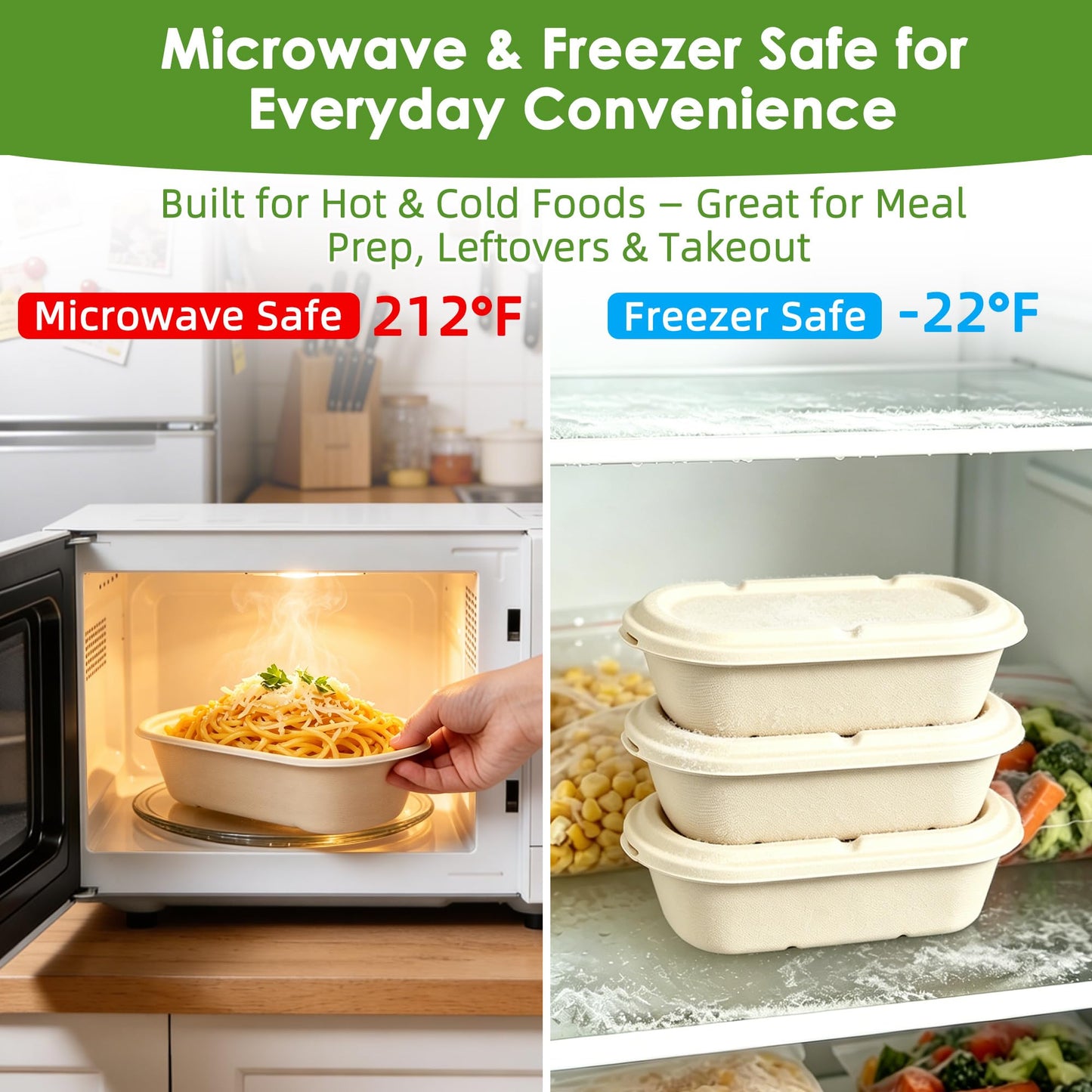 FEHHTO 100-Pack 30oz Disposable Meal Prep Containers with Lids, Sugarcane Pulp Compostable Food Containers + 100 Bamboo Forks, To-Go Food Containers