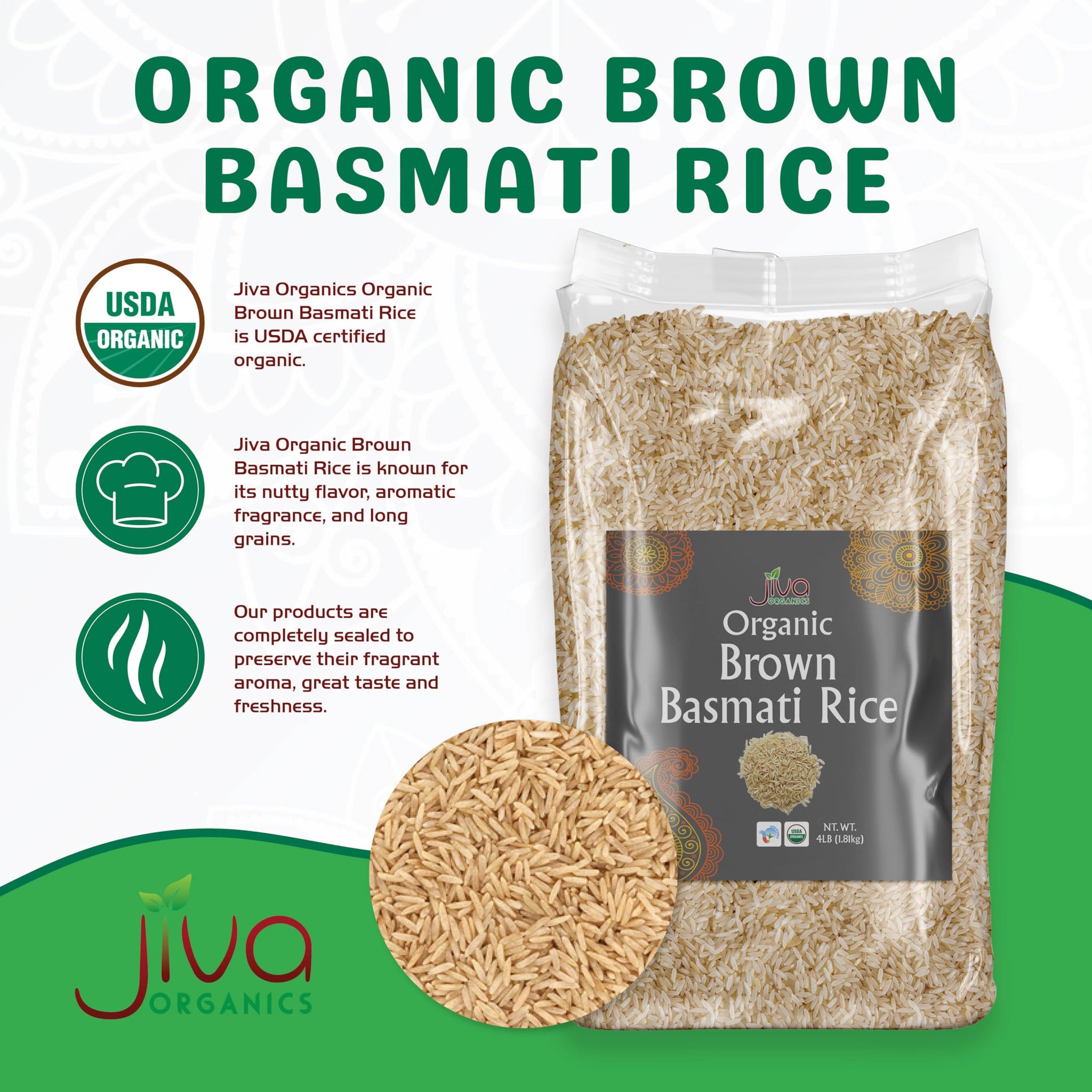 Jiva Organic Brown Basmati Rice 4 LB Bag - Premium Quality, Authentic Indian Origin, Whole Grain