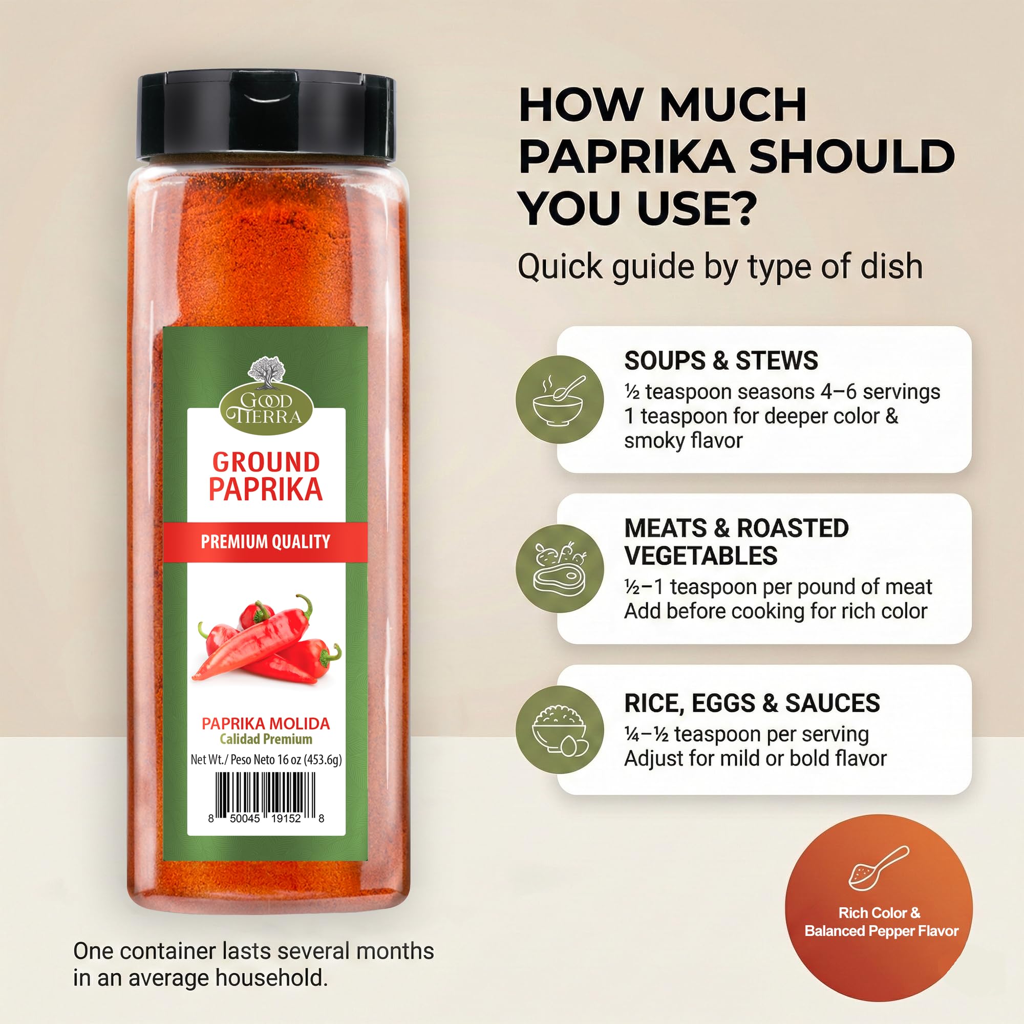 Good Tierra Ground Paprika Powder 16 oz - Sweet & Hot Paprika Spice for Cooking, Spices and Seasonings, Bulk Culinary Pepper