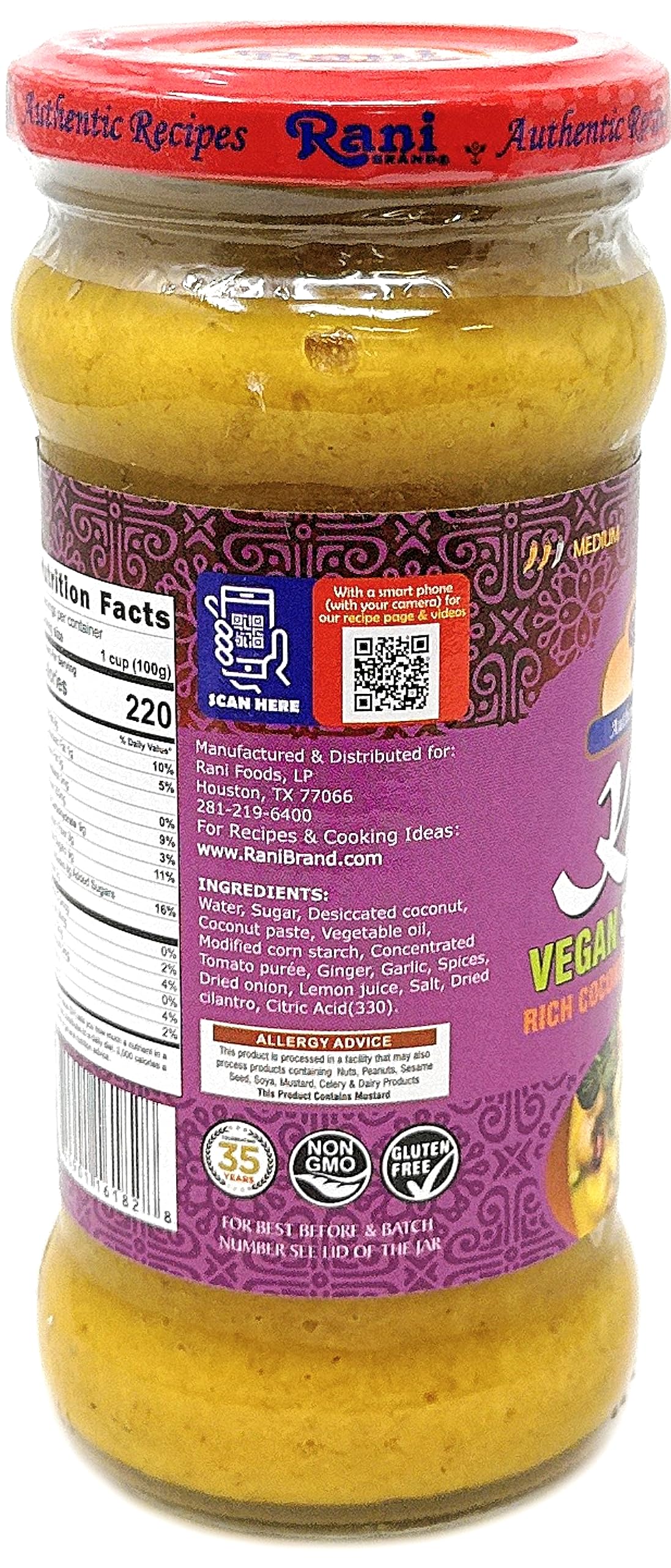 Rani Korma Curry Vegan Simmer Sauce (Rich Coconut, Onion, Garlic & Spices) 14oz (400g) Glass Jar ~ Easy to Use | Vegan | No Colors | All Natural |