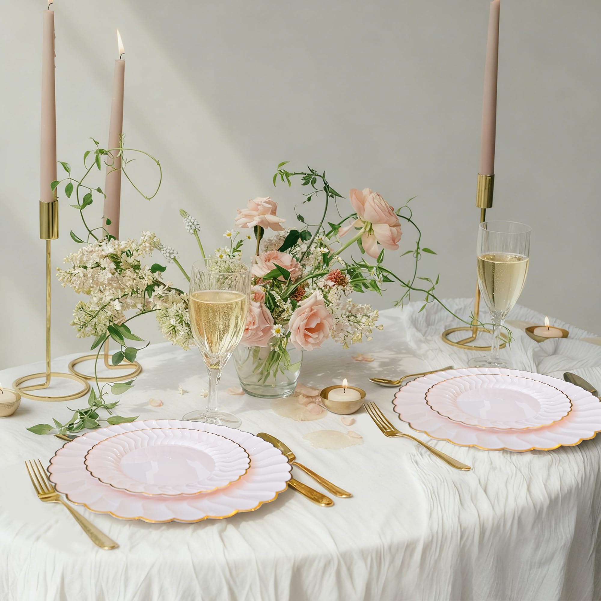 Pink Disposable Plates Plastic Set Of 125? Includes 25 Dinner and Dessert Plates, 75 Gold Cutlery for 25 Guests for Wedding Birthday Parties Baby