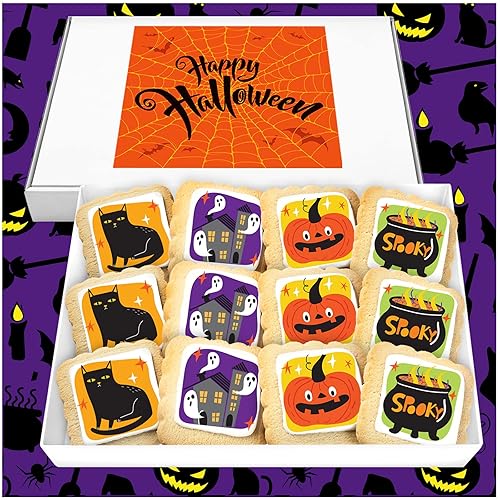 Halloween Cookies 12 Pack Gift Basket | INDIVIDUALLY WRAPPED Decorated Sugar Cookies Treats | Pumpkin Ghosts Scary | Peanut & Nut Free
