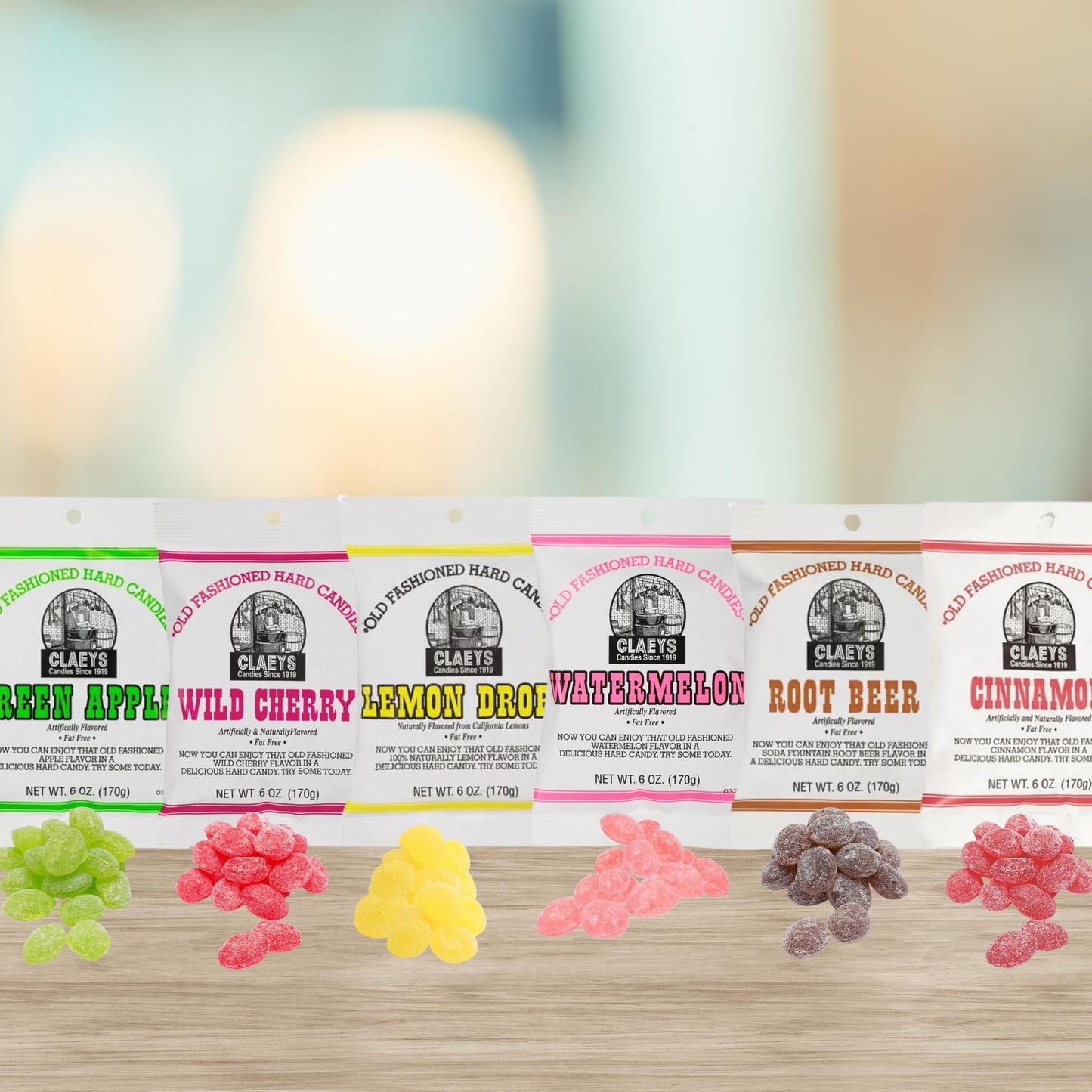 Claeys Old Fashioned Hard Candy - Variety 6 Pack - Green Apple, Wild Cherry, Lemon Drops, Watermelon, Root Beer and Cinnamon - Since 1919