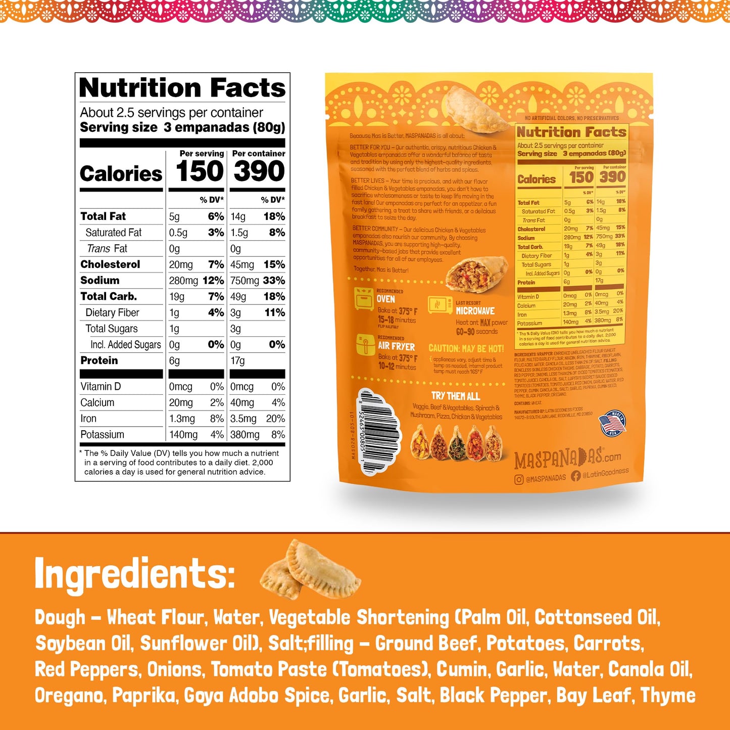 MasPanadas Chicken & Vegetable Empanadas, 7.5 oz. - Nutrient, Wholesome Ingredients, Premium Chicken Thigh Meat - Ready in Minutes - Authentic Hand