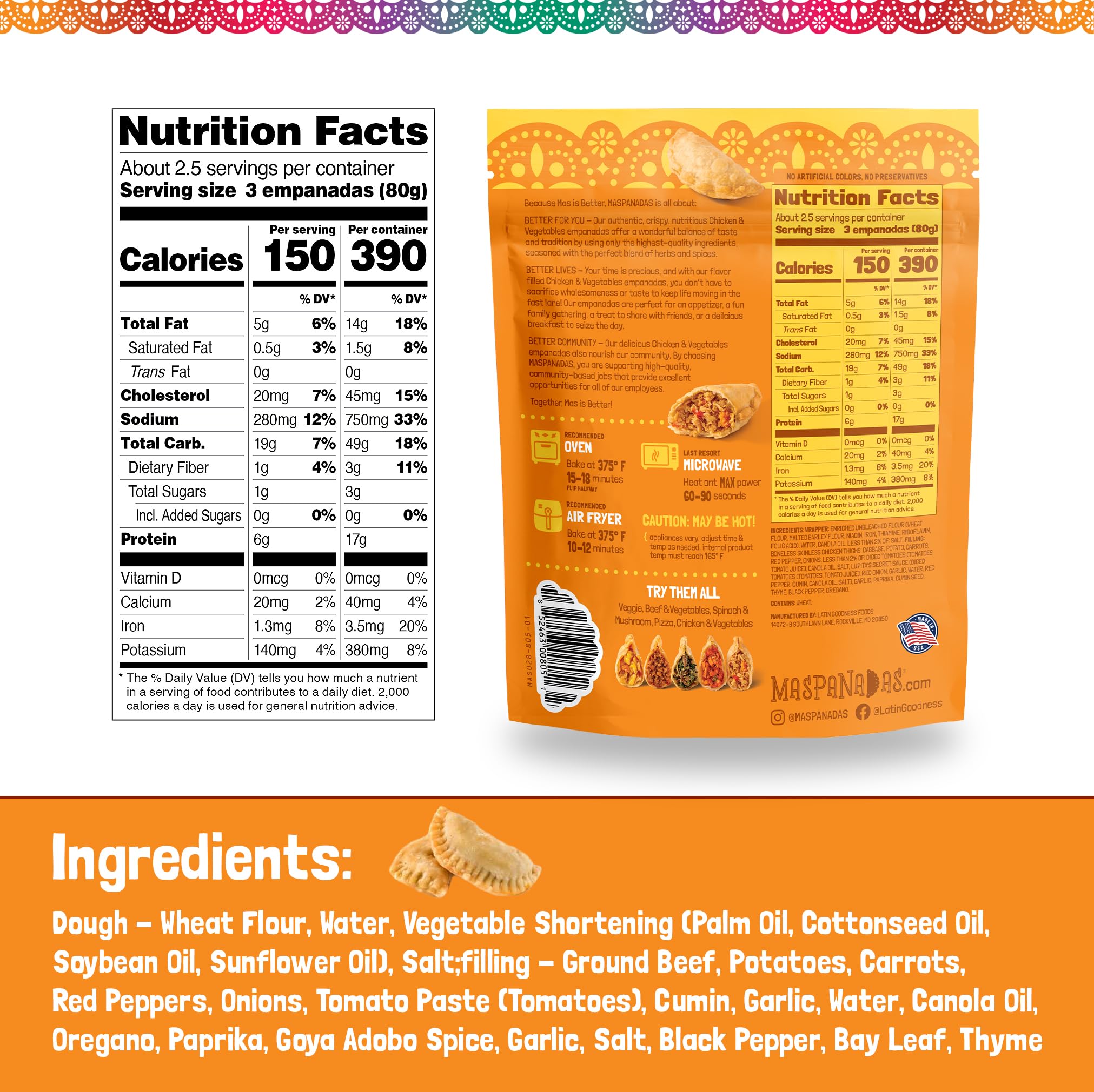 MasPanadas Chicken & Vegetable Empanadas, 7.5 oz. - Nutrient, Wholesome Ingredients, Premium Chicken Thigh Meat - Ready in Minutes - Authentic Hand