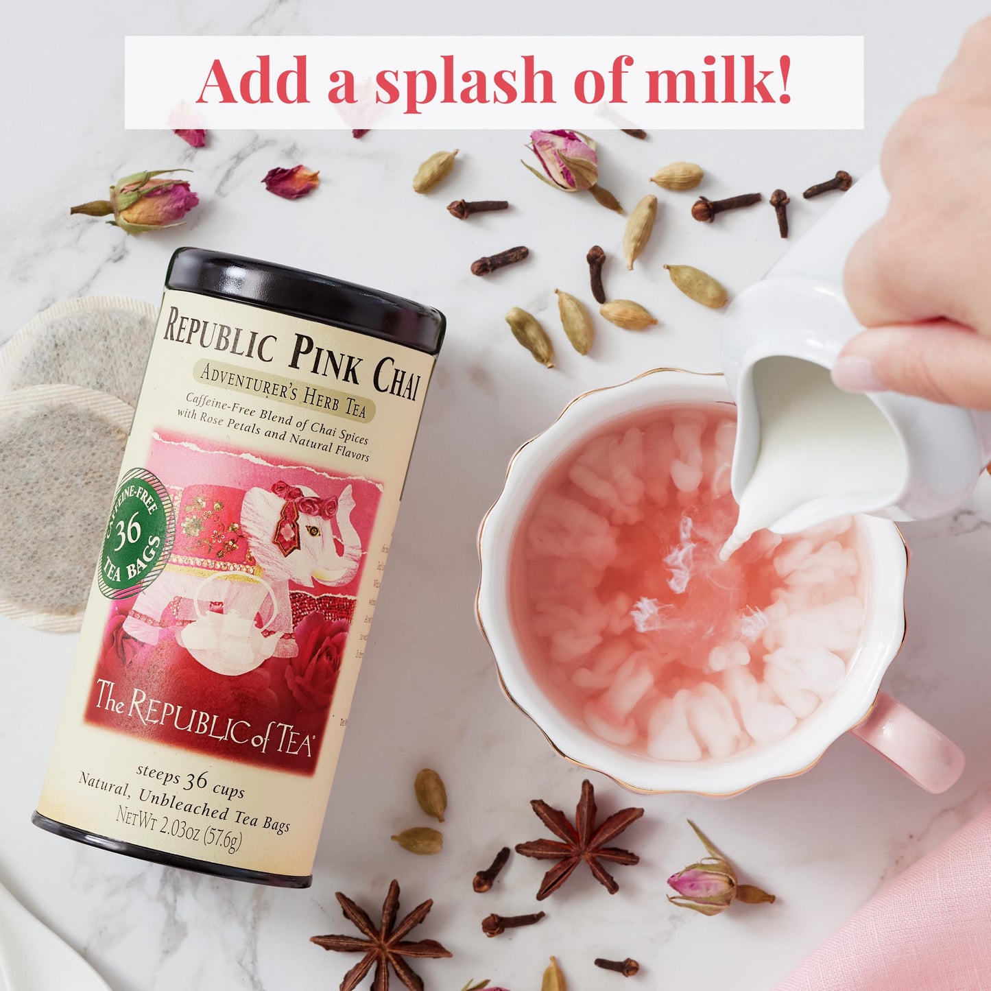 The Republic of Tea - Republic Pink Chai Herbal Tea Tin, 36 Tea Bags, Naturally Caffeine Free