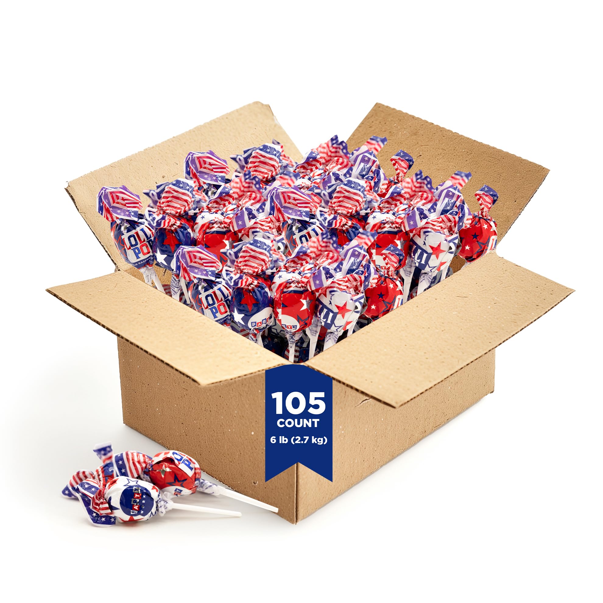 Patriotic Candy - 6 Pound Bulk Pack - 105 Count - 4th of July Lollipops - Red White and Blue Candy - Cherry, Vanilla, Blue Raspberry - Gum Filled Pops