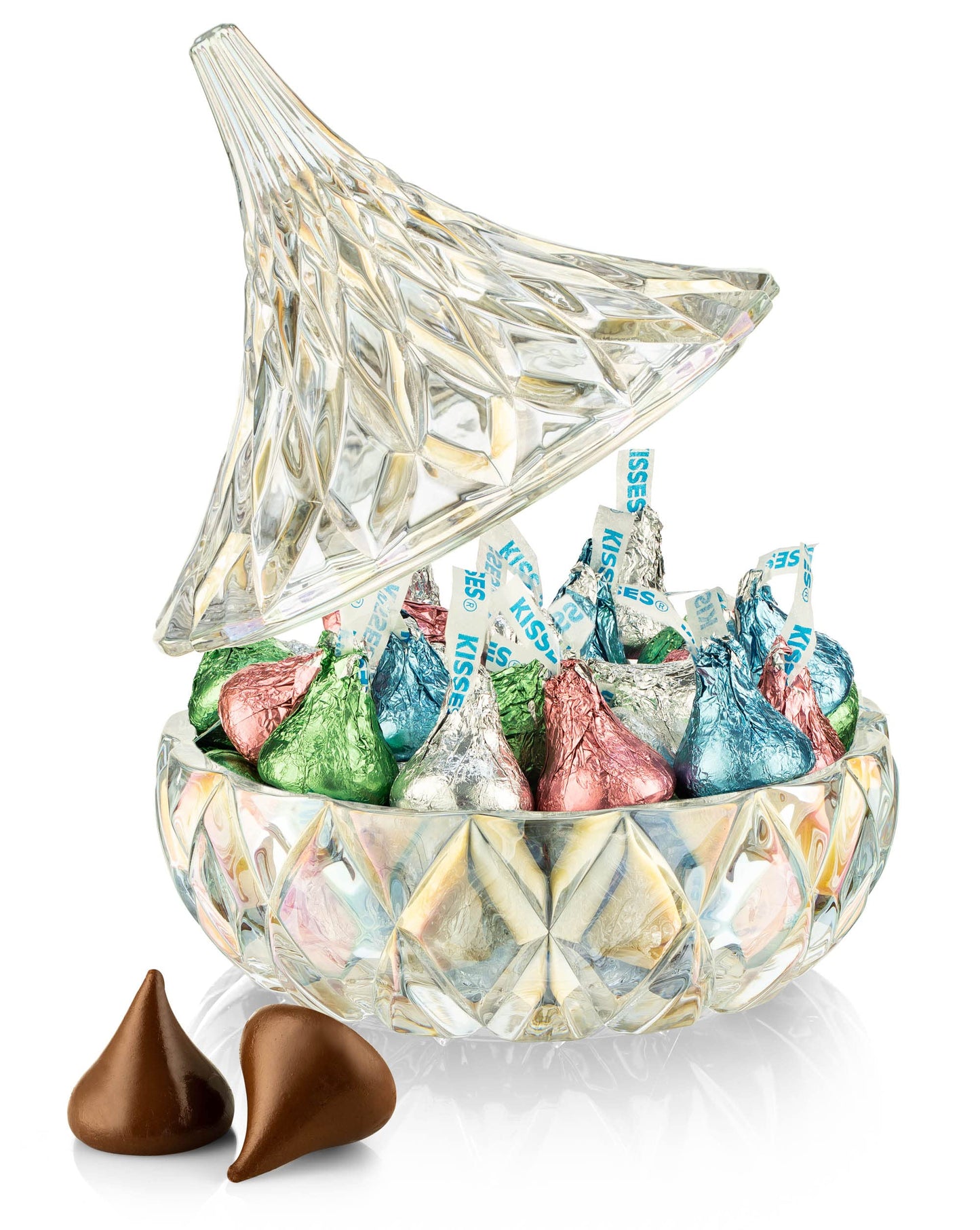 Kisses - 1 Pounds Easter Kisses with Irredescent Crystal s Kiss Candy Dish - Individually Wrapped Milk Chocolate Kisses in Blue, Pink & Green Foil