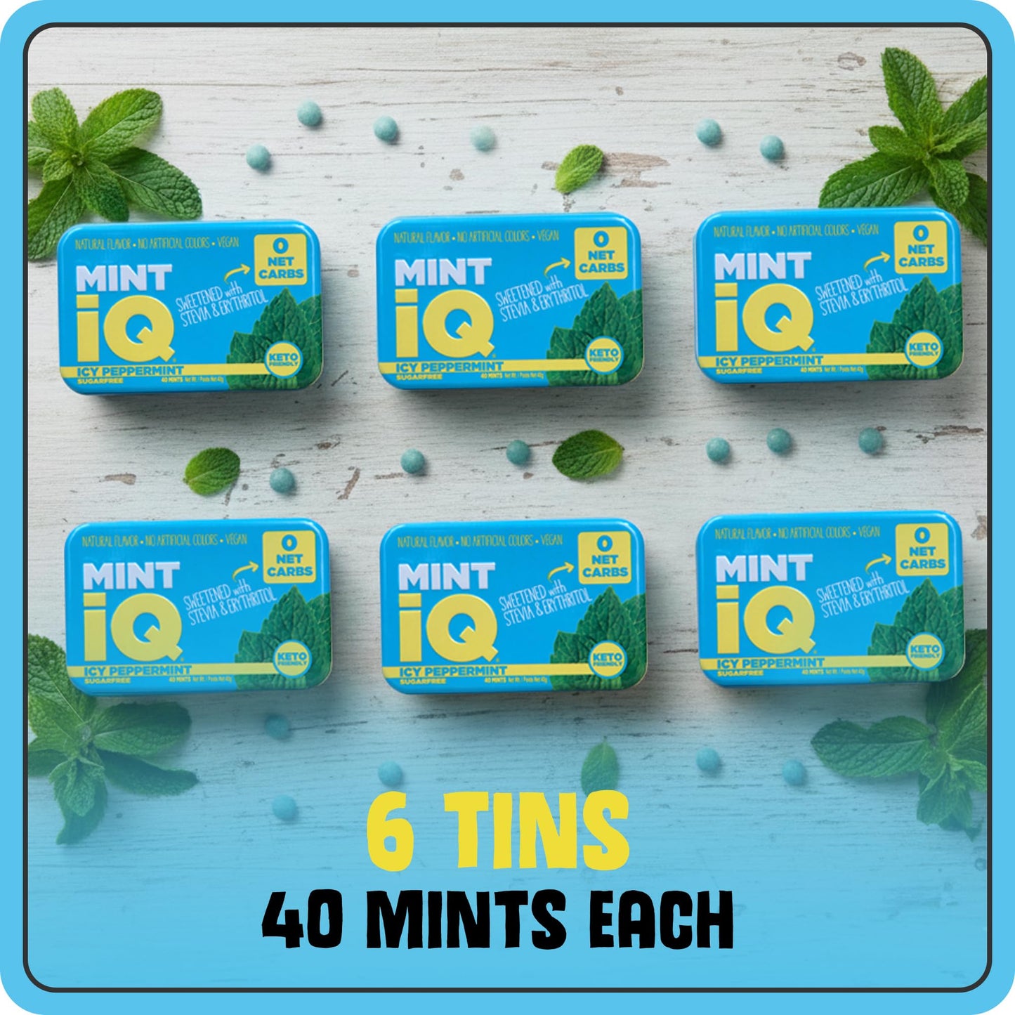 Big Sky MINT iQ Icy Peppermint Mint Candy 40 grams Pack of 6 Tins in Display Tray - Travel Size Mint Candies Tin - Keto Friendly, Vegan & Natural