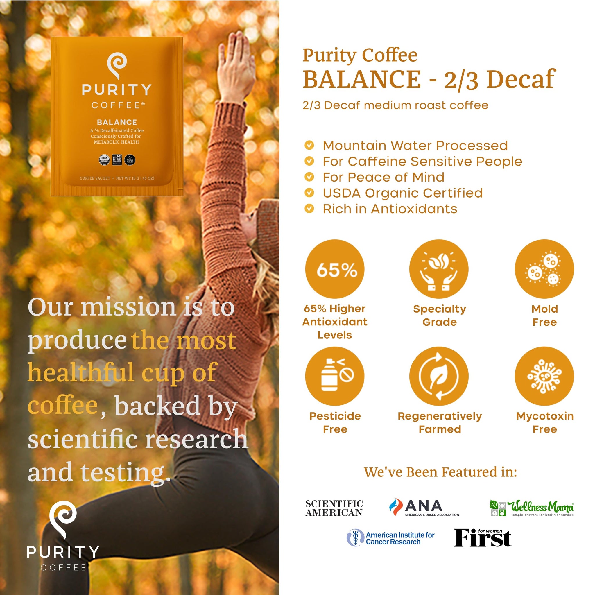 Purity Coffee BALANCE 2/3 Decaf Medium Roast Single Serve Sachets 5ct