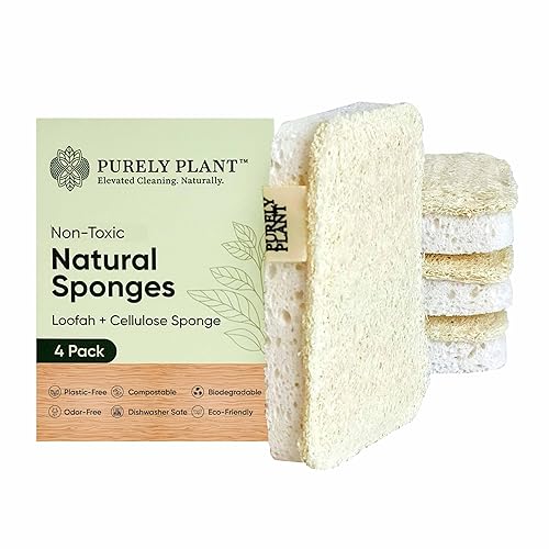 Purely Plant Loofah Dish Sponge 4 Pack- Loofah & Cellulose Premium Kitchen Scrubber, Non Toxic, 100% Plastic Free,Compostable & Biodegradable,Durable