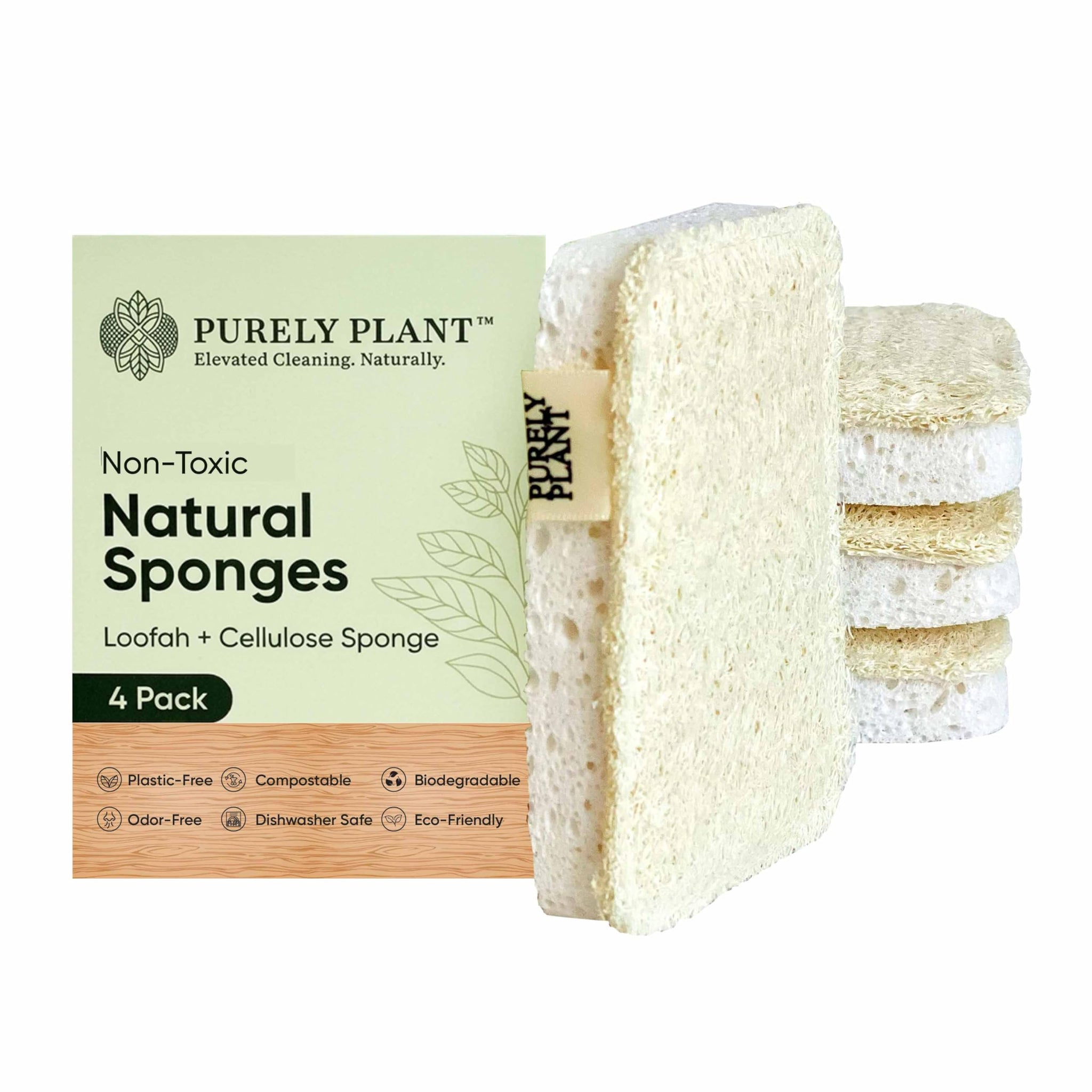 Purely Plant Loofah Dish Sponge 4 Pack- Loofah & Cellulose Premium Kitchen Scrubber, Non Toxic, 100% Plastic Free,Compostable & Biodegradable,Durable