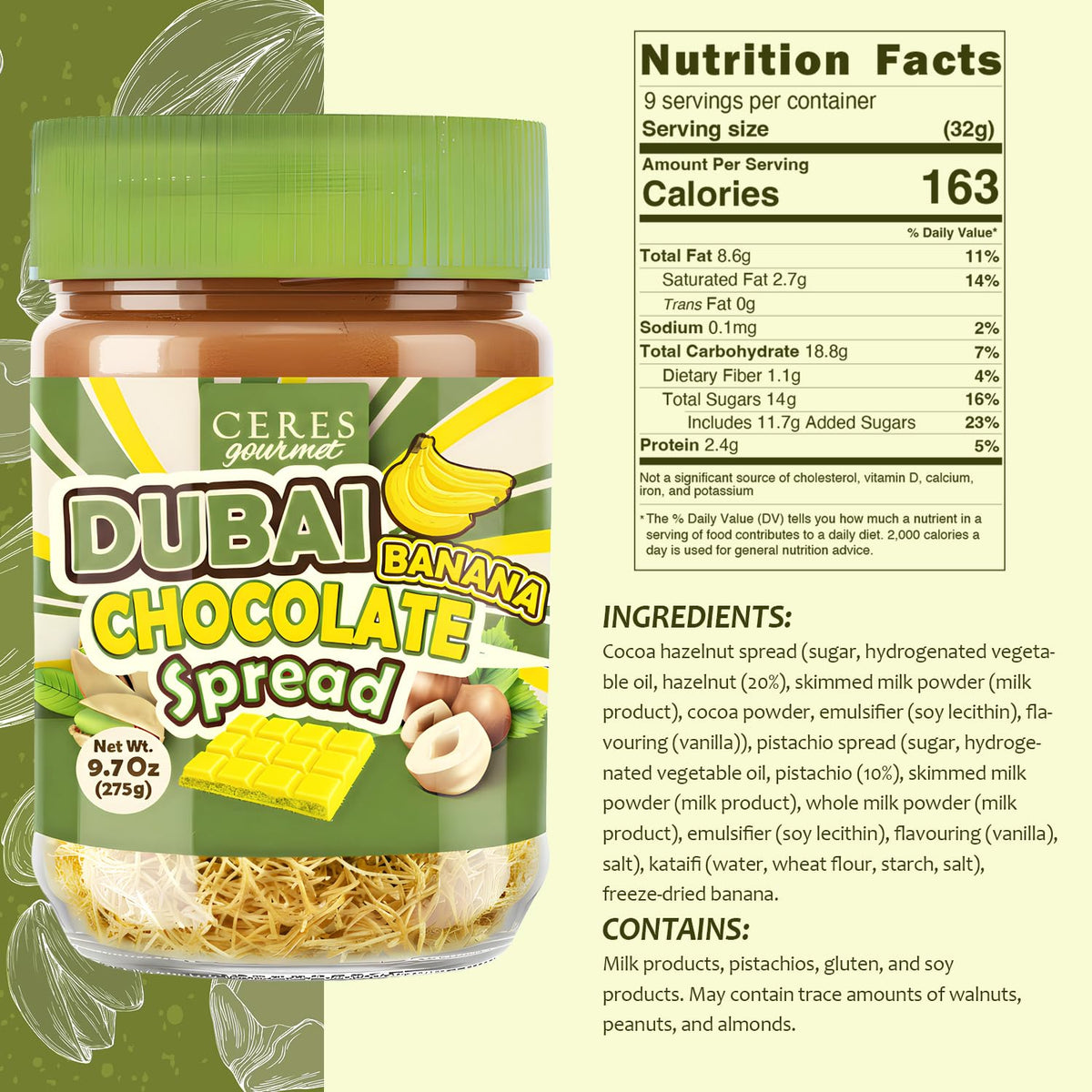 Dubai Spreadable Chocolate with Freeze-Dried Banana - Premium Pistachio Spread with Roasted Phyllo - Gourmet Breakfast Chocolate - 275g (9.7 oz) Jar