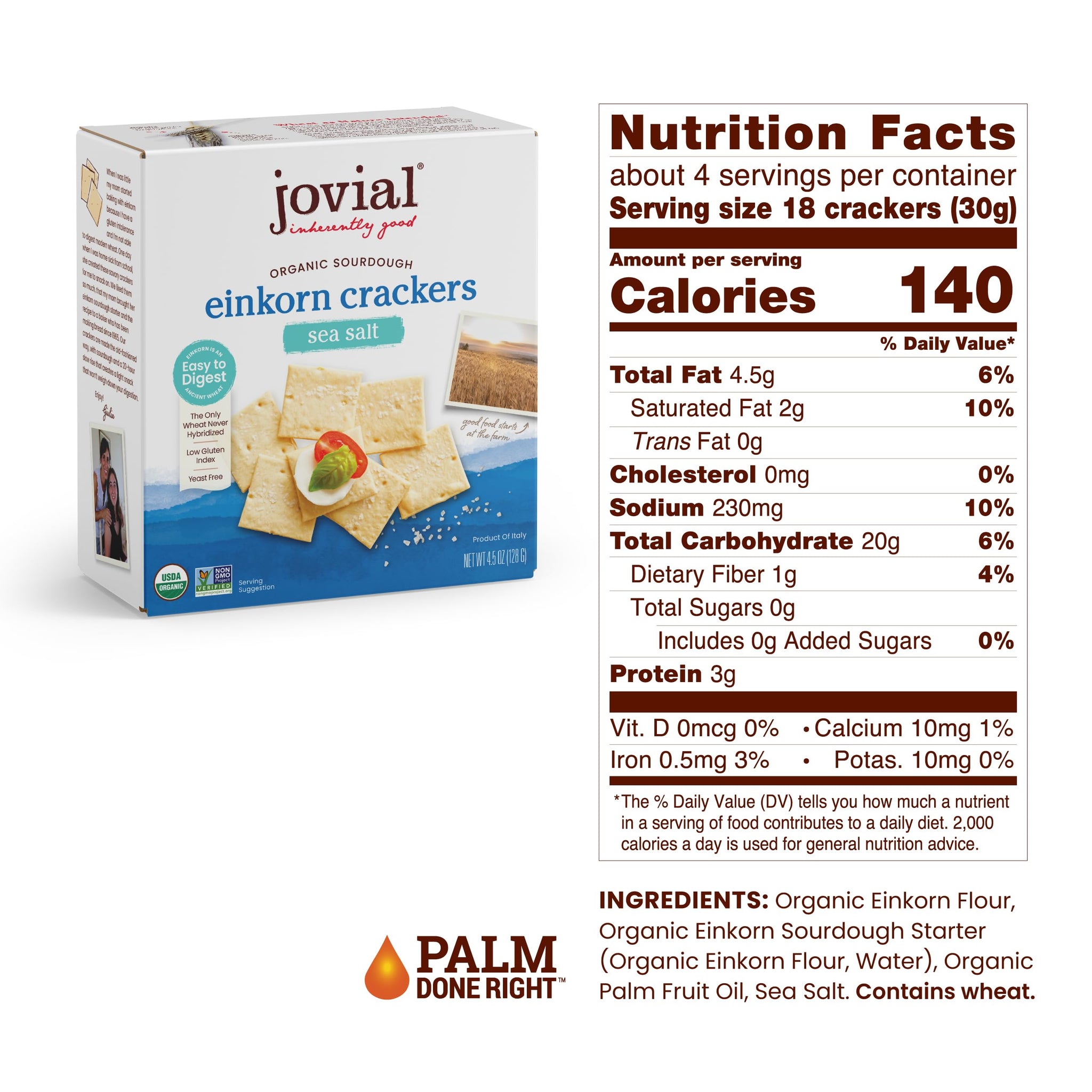 Jovial Organic Sourdough Einkorn Sea Salt Crackers - Sourdough Crackers for Cheese Platter, Made with Einkorn, USDA Organic, Non-GMO - 4.5 Oz, 2 Pack