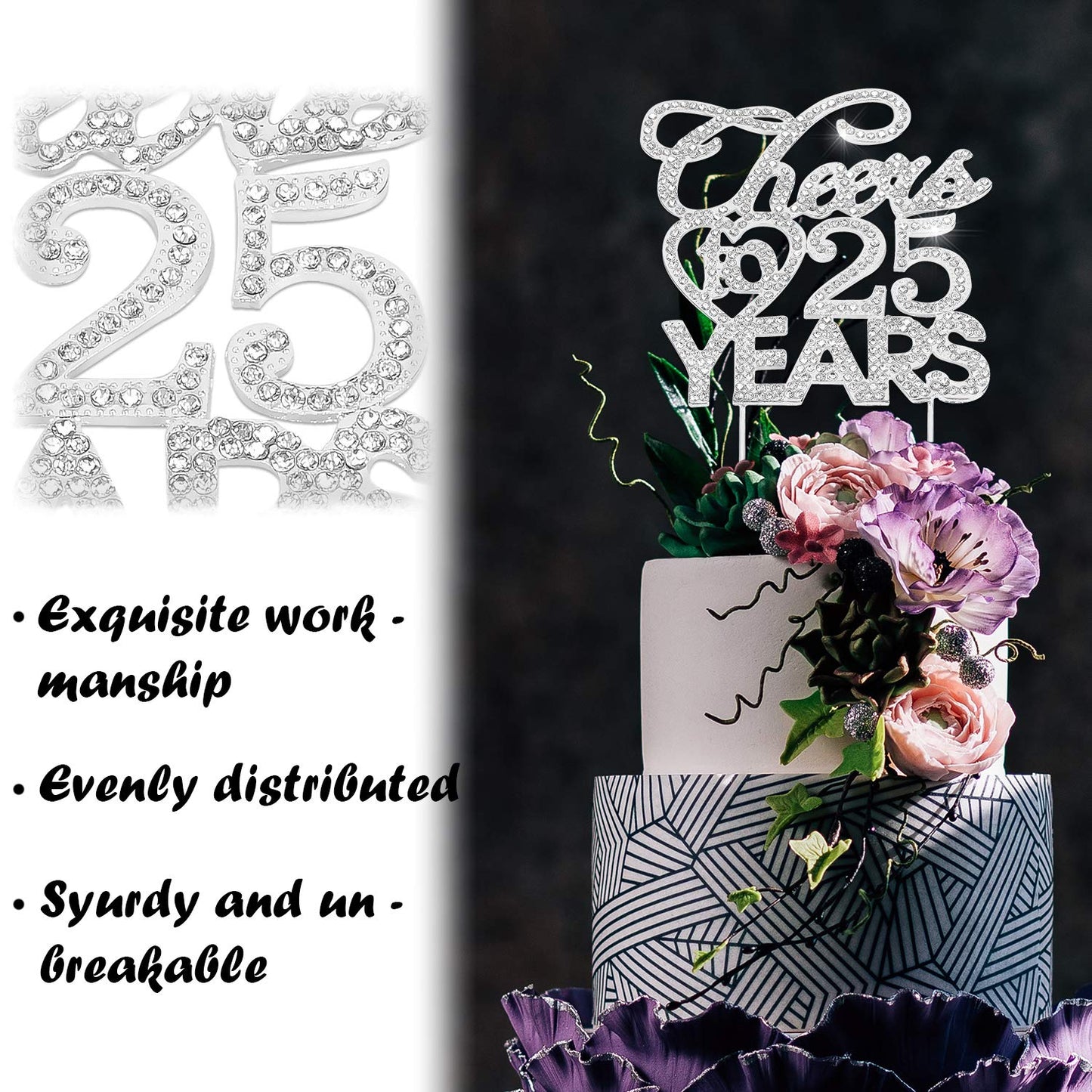 Bling Crystal Cheers To 25 Years Cake Topper - Best Keepsake 25th Birthday Or Anniversary Decor Party Decorations Silver