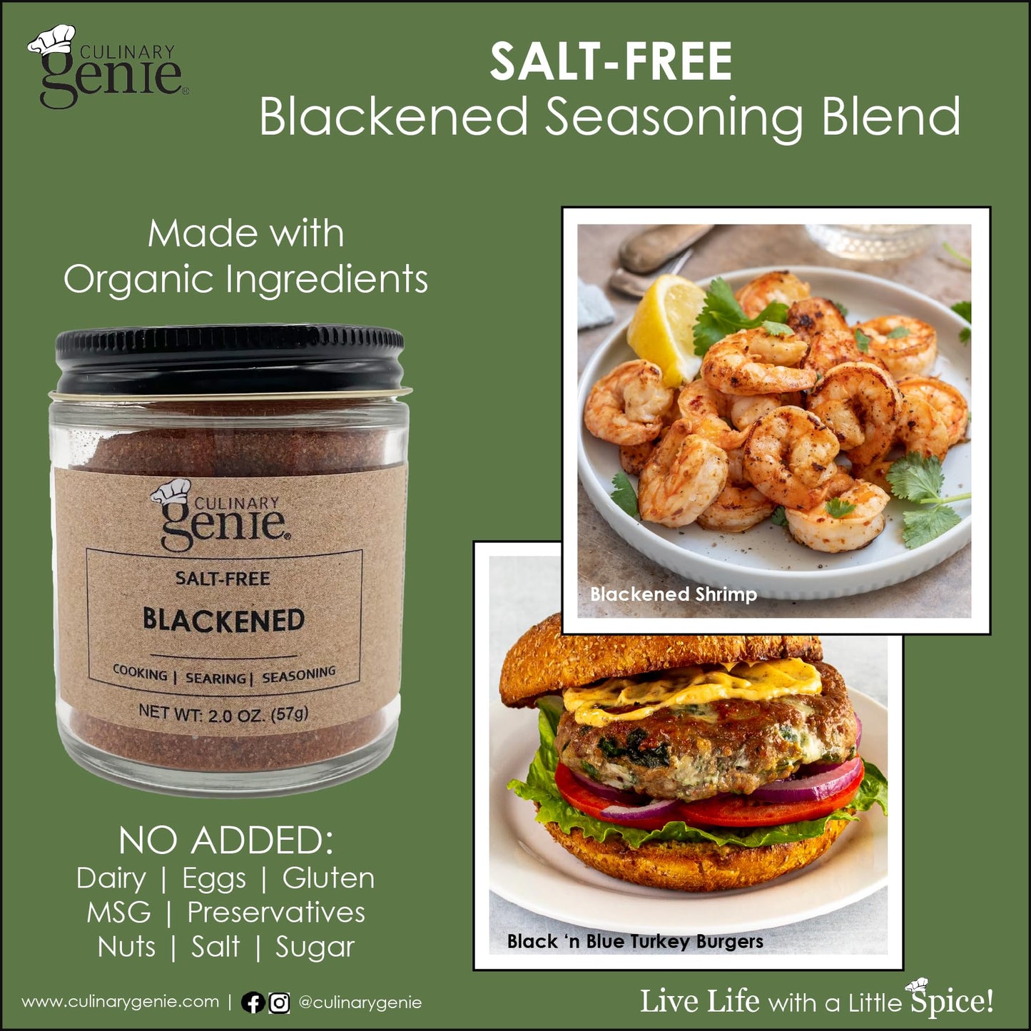 Culinary Genie Salt-Free Blackened Seasoning Blend - Bold Cajun-Style Spice Blend, No Salt Added