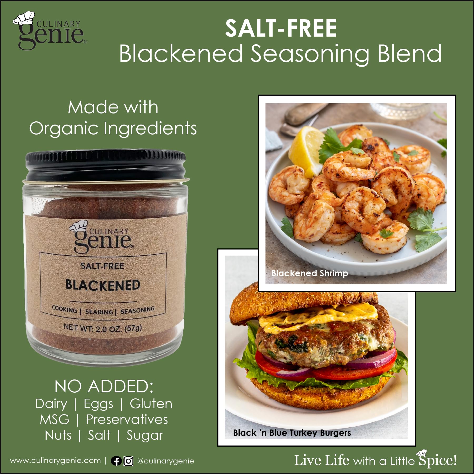 Culinary Genie Salt-Free Blackened Seasoning Blend - Bold Cajun-Style Spice Blend, No Salt Added