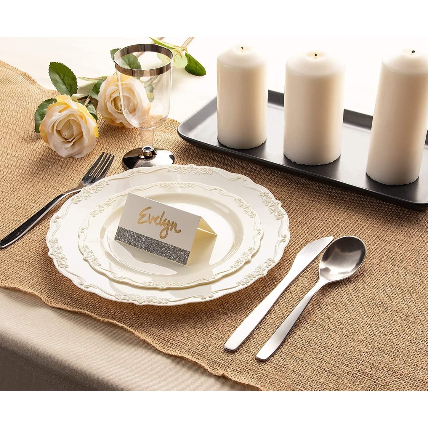 Juvale Disposable Plastic Dinner Plates - Cream Disposable Dinnerware for Weddings & Bridal Showers - Vintage Plastic Dinner Plates for Weddings