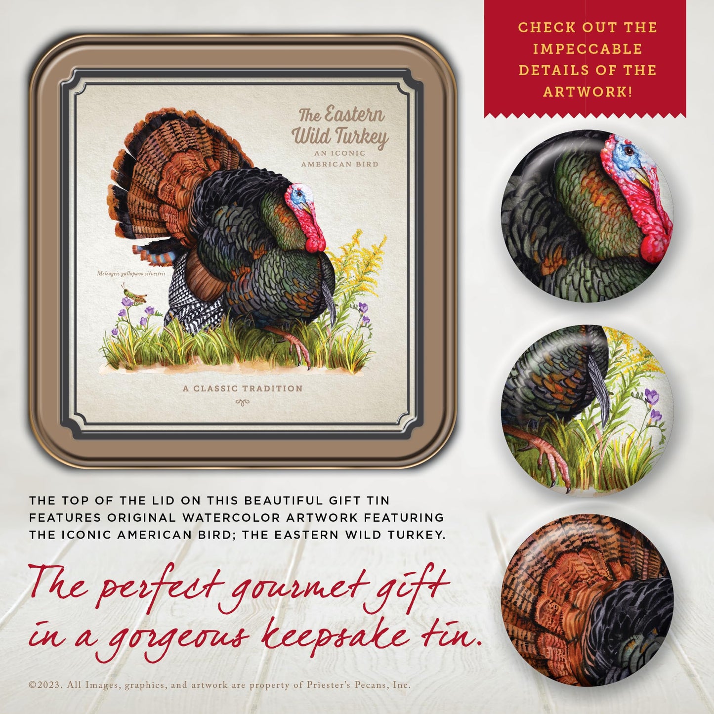 PRIESTER'S | Wild Turkey Gift Tin | Gorgeous Original Artwork + Gourmet Southern Pecan Treats | Unique & Delicious Gift | 7.75 x 7.75 x 2in