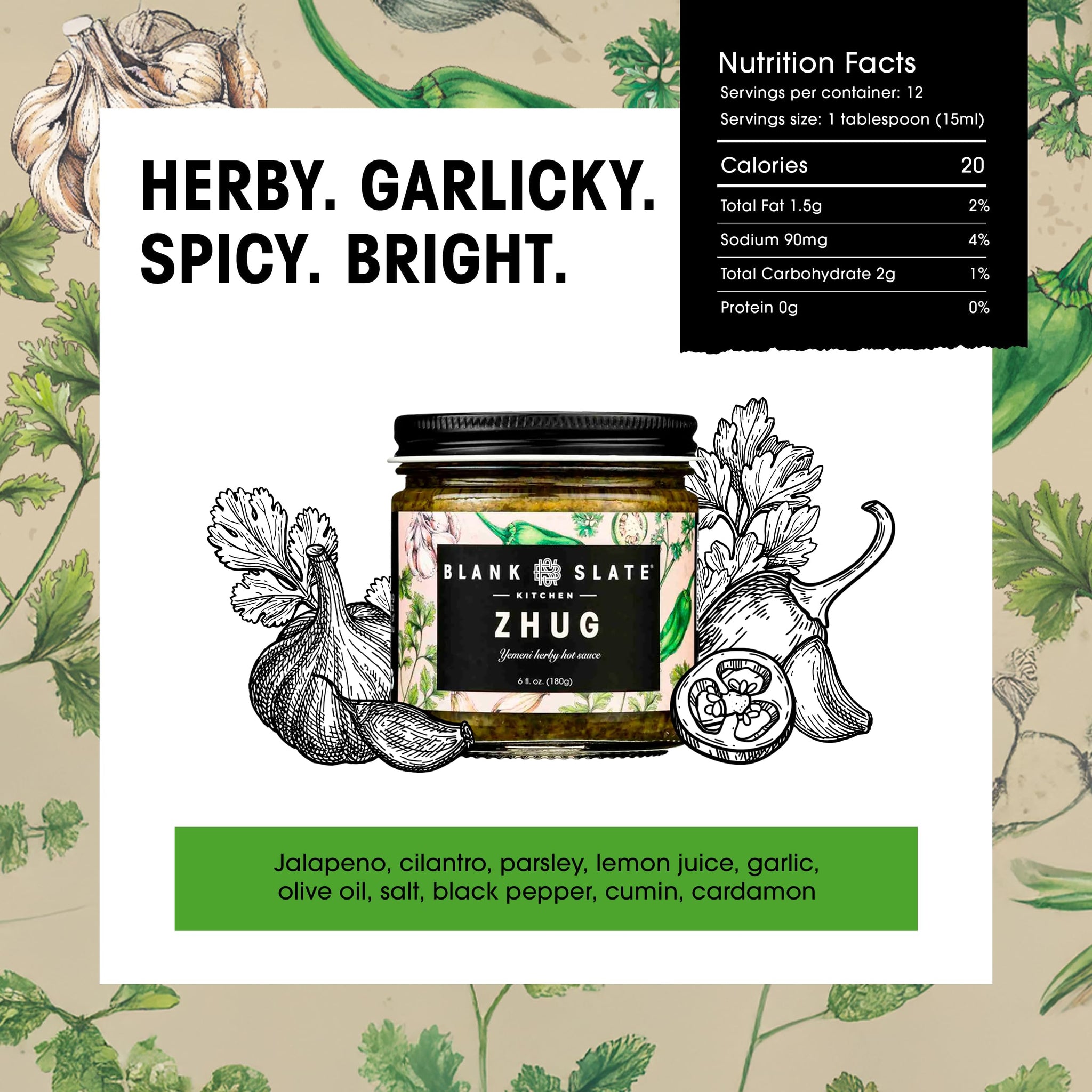 Blank Slate Kitchen Zhug (6 oz) | Spicy Middle Eastern Herby Green Hot Sauce (Yemeni Skhug) | Vegan & Gluten-free | Blend of Jalapenos, Cilantro