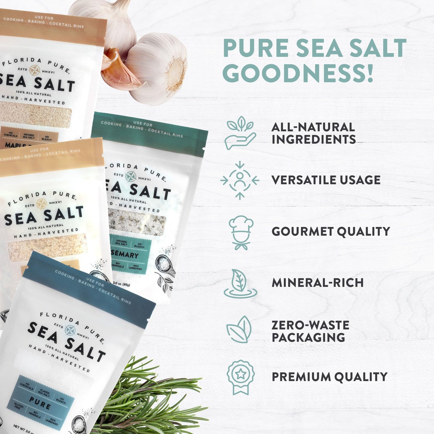 Florida Pure Sea Salt Gift Set - 4 Flavors Bundle with Garlic, Rosemary, Maple Bacon & Pure | Hand-Harvested, Mineral-Rich, All-Natural - Flaky Sea
