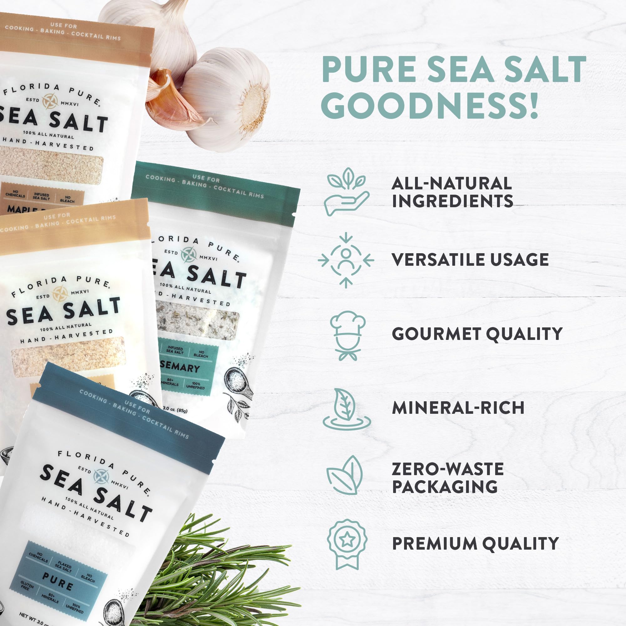 Florida Pure Sea Salt Gift Set - 4 Flavors Bundle with Garlic, Rosemary, Maple Bacon & Pure | Hand-Harvested, Mineral-Rich, All-Natural - Flaky Sea