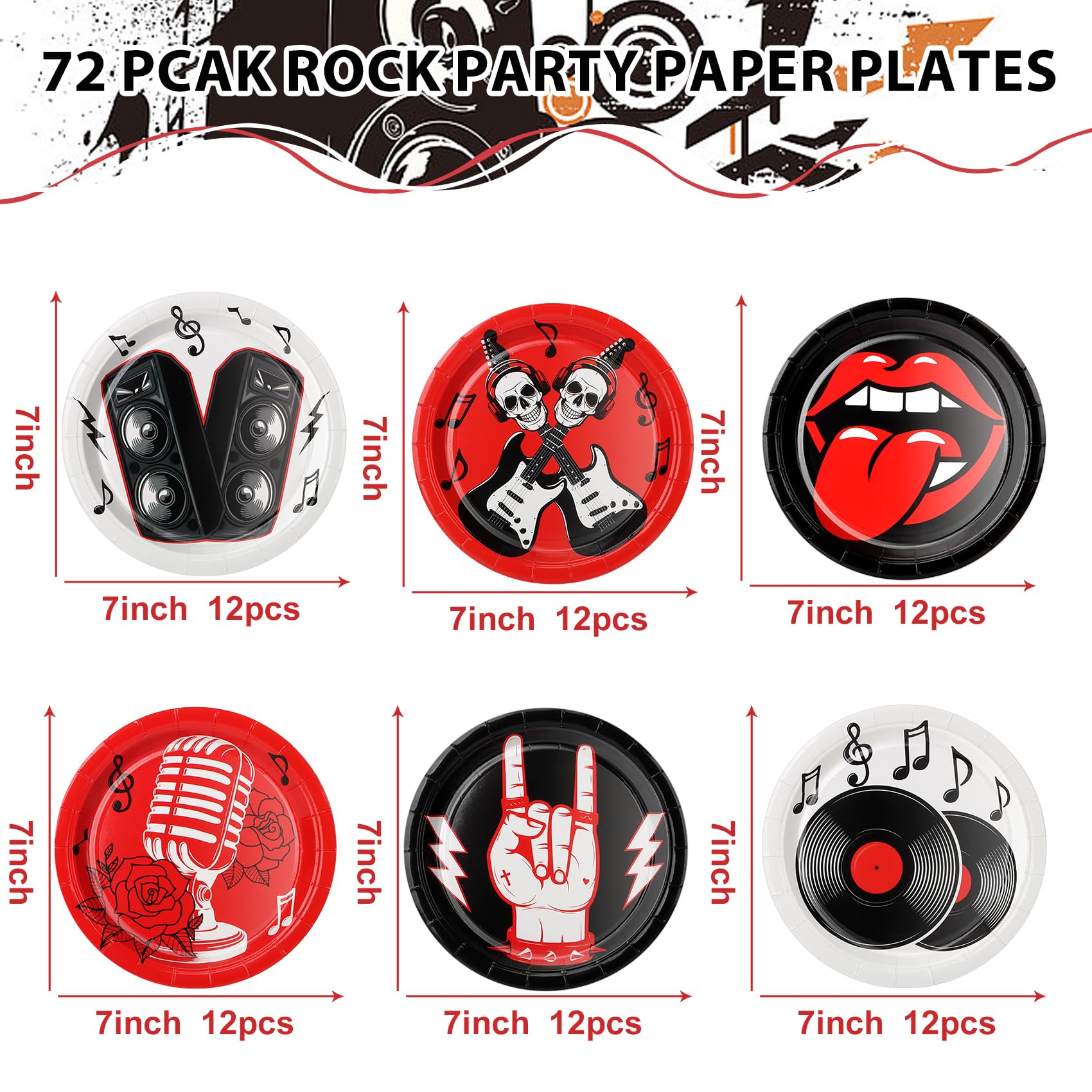 CLIYTICA 72Pcs Rock Party Paper Plates,1950's Record Dessert Plates,Disposable Music Birthday Tableware Set for Anniversary 50s 60s Theme Parties