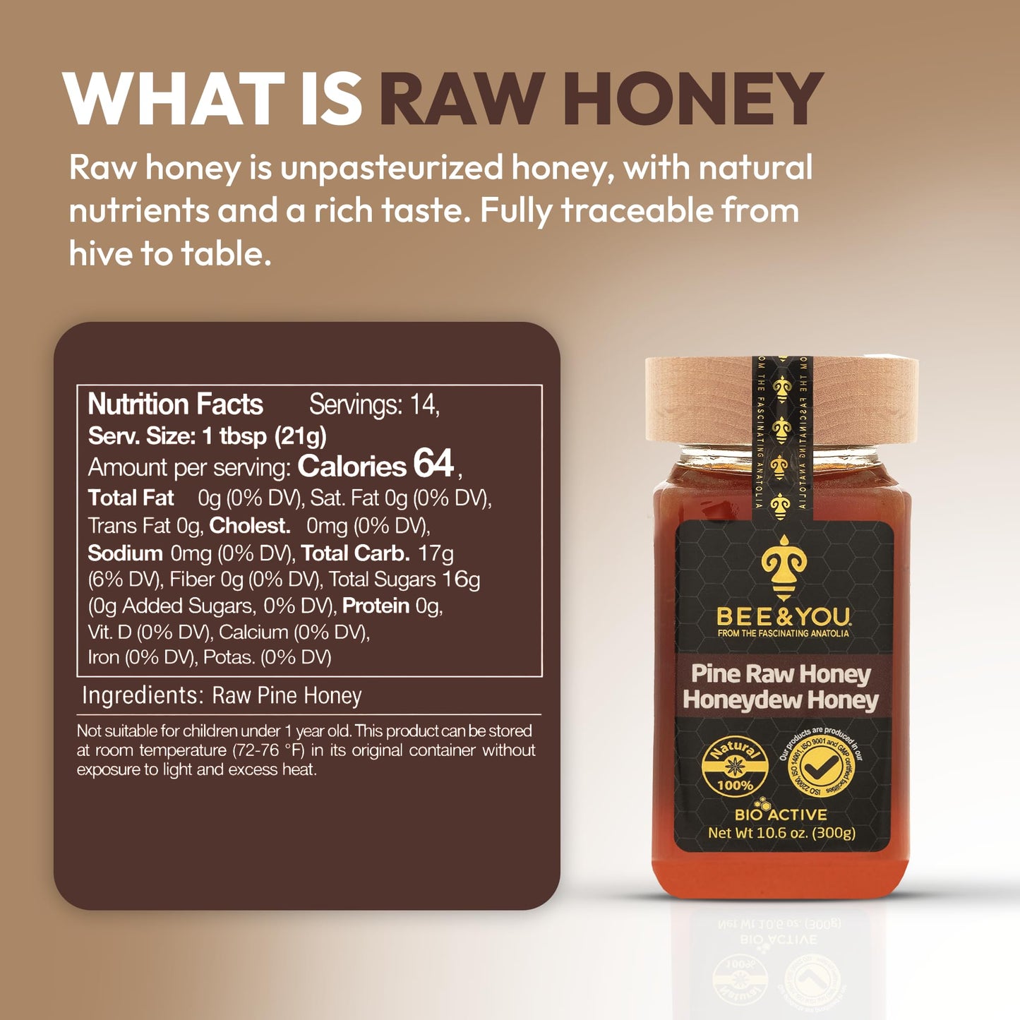 BEE and YOU Pine Raw Honey, Honeydew Honey, Wild-crafted, 100% Natural, Unprocessed, Enzymes, Antioxidants, Manuka Honey Alternative, Paleo