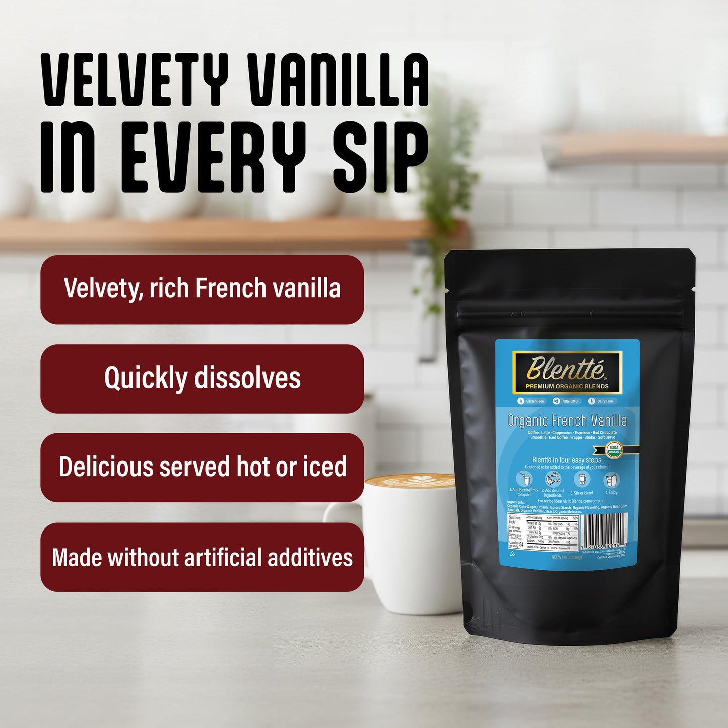 Blentte - Organic French Vanilla Drink Mix - Latte, Cappuccino, Frappe, Hot Chocolate & Coffee Blend - For Instant Delicious Beverage - Non-GMO