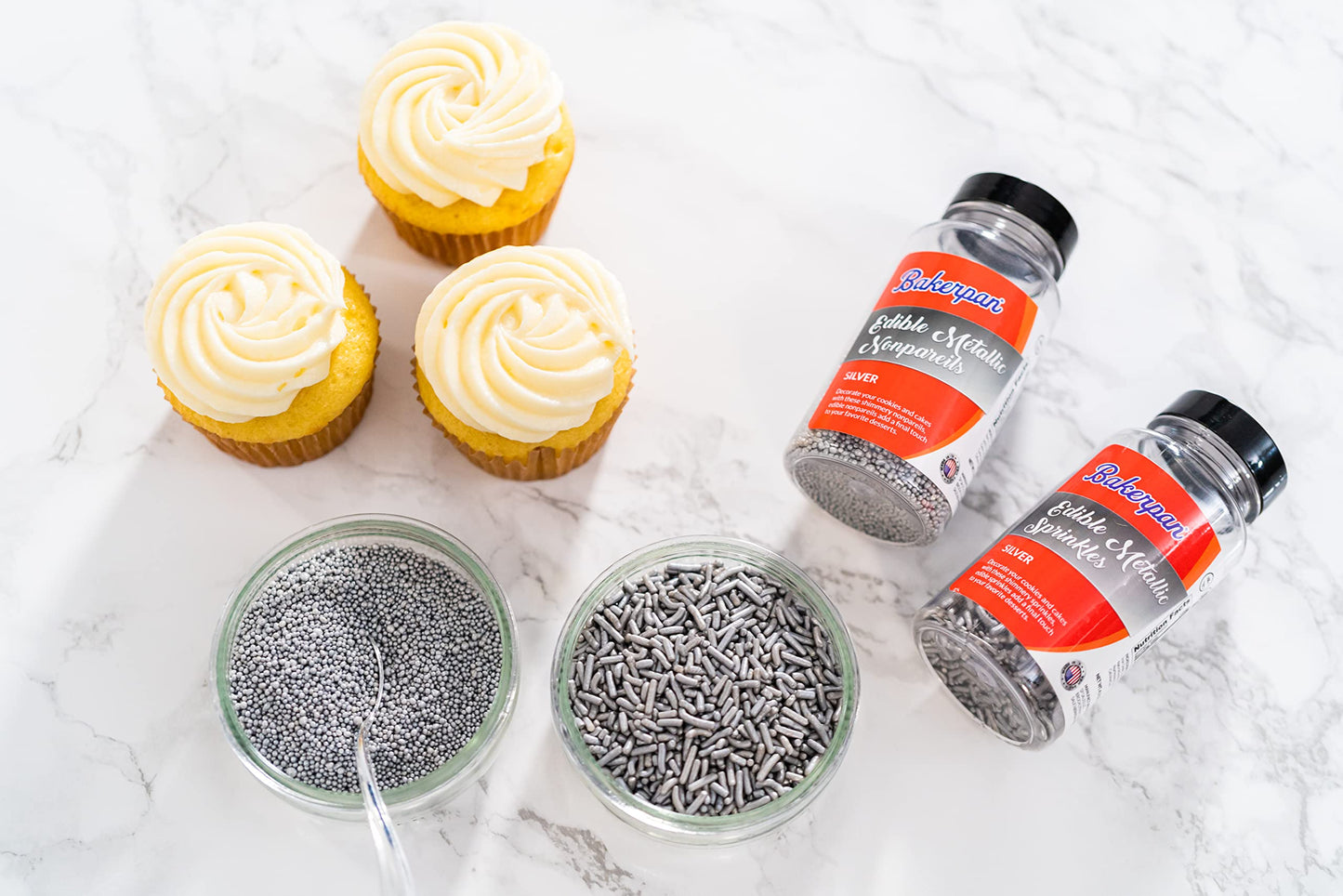 Bakerpan Edible Silver Nonpareils Sprinkles for Cupcakes, Silver Sprinkles Edible for Cake Decorating - 5.1 Ounces (Made in USA)