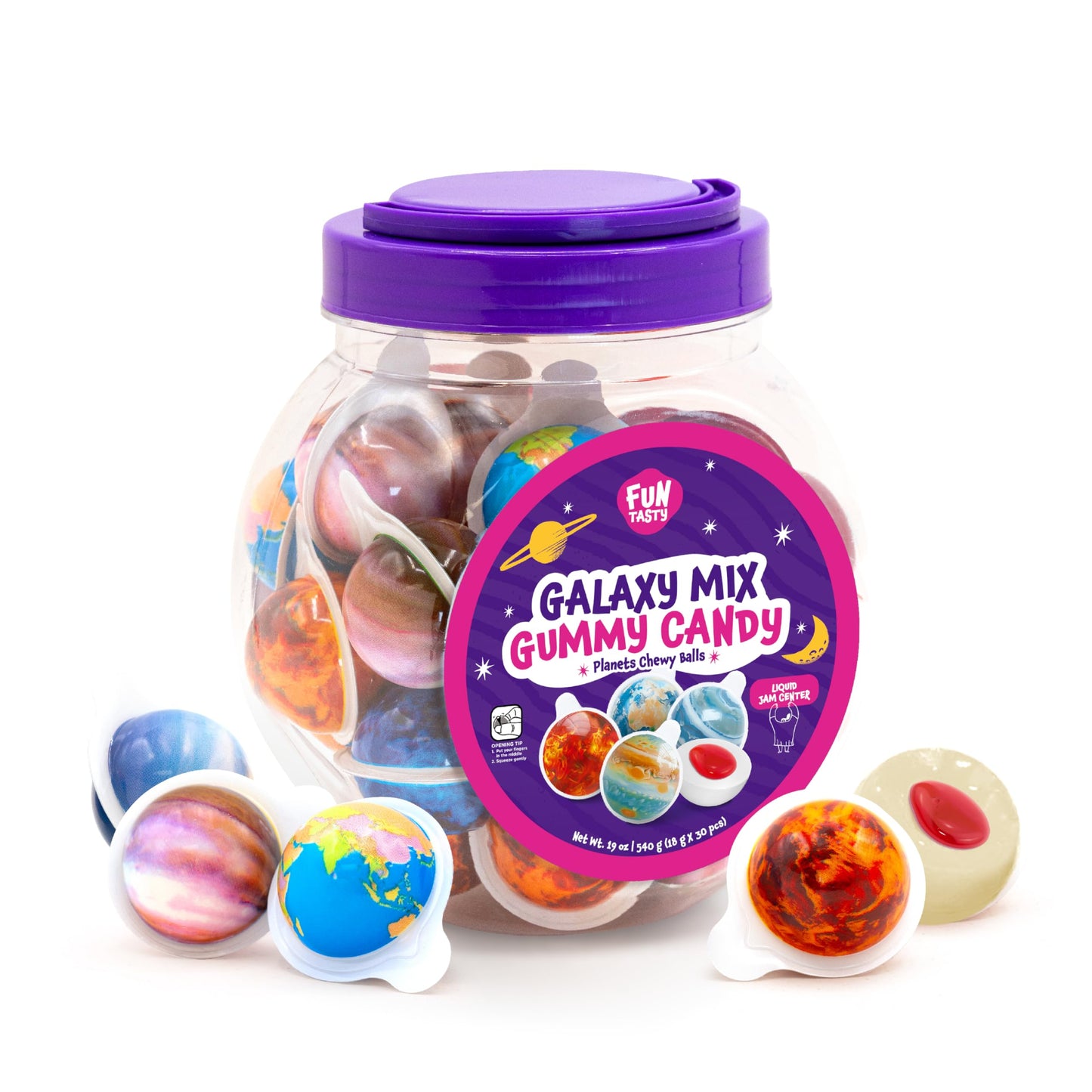 Gummy Planets Mix - 19 Oz Jar (30 Count) - Individually Wrapped Planet Gummies - Space Candy - Gummy Balls - Strawberry Jam Center - Chewy Candy