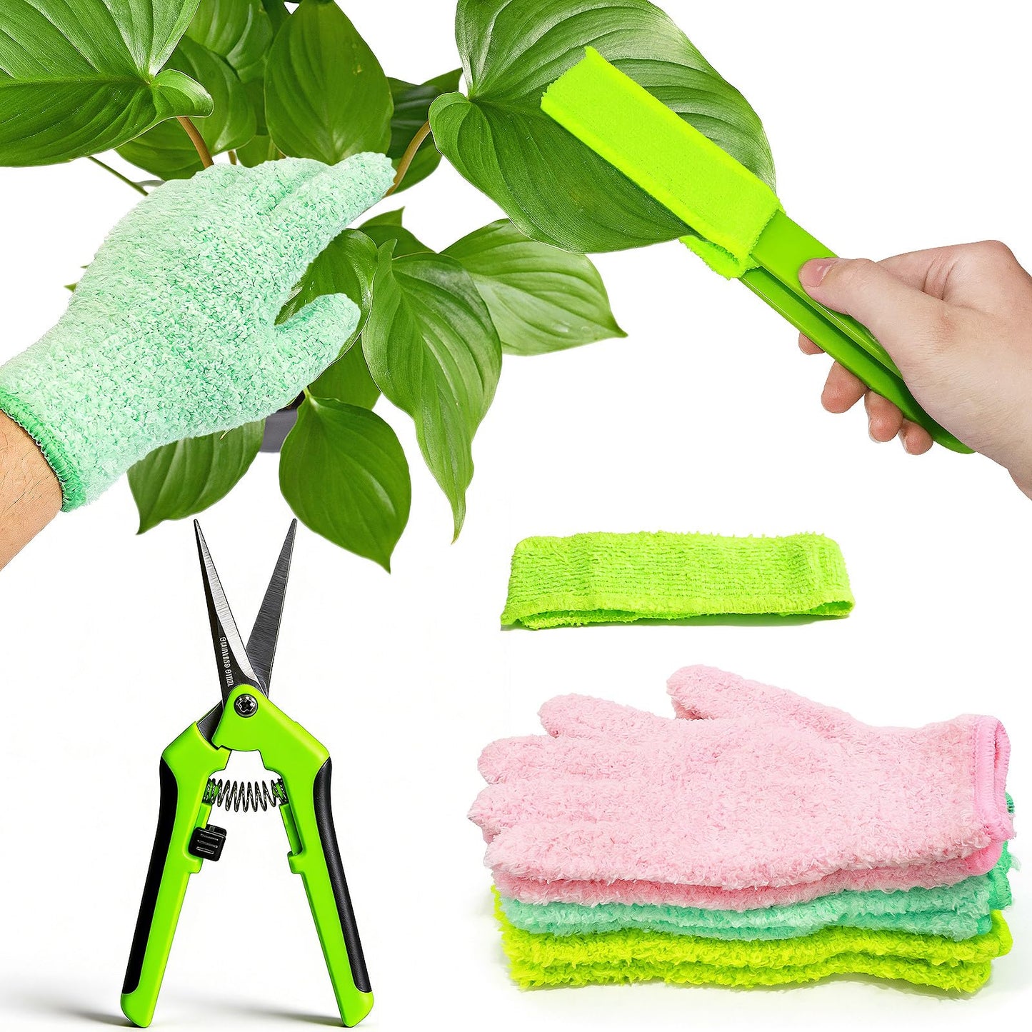 RRUAAZIW 10 Pcs Plants Cleaning Set Plant Leaf Cleaner Leaf Cleaning Tongs with Reusable Microfiber Gloves and Flower Pruning Shears for House