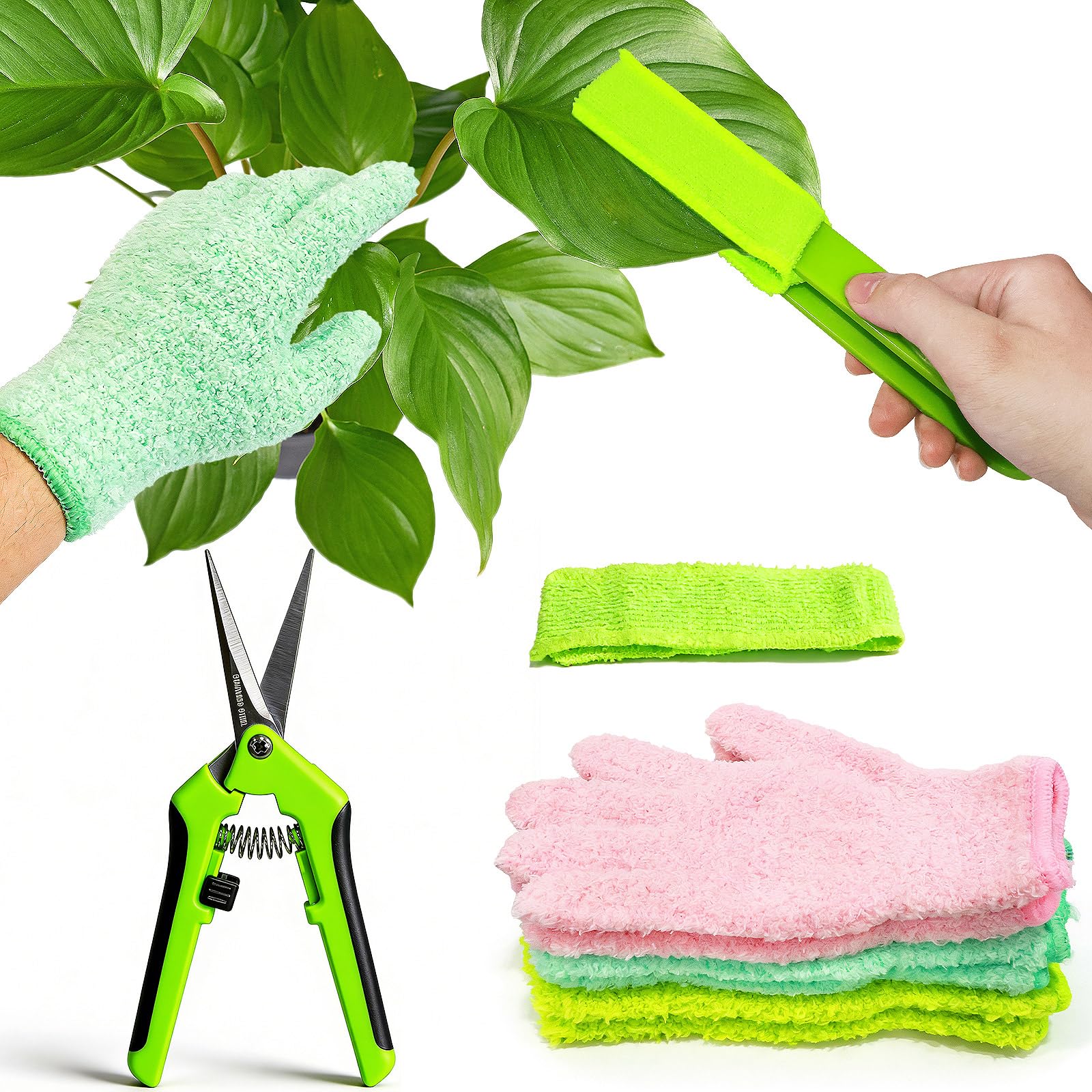 RRUAAZIW 10 Pcs Plants Cleaning Set Plant Leaf Cleaner Leaf Cleaning Tongs with Reusable Microfiber Gloves and Flower Pruning Shears for House