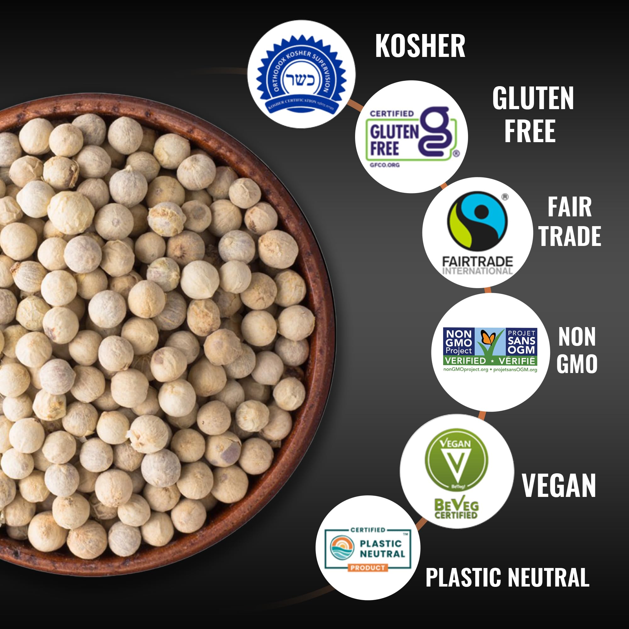 5Senses Malabar Whole White Pepper | Pimienta Blanca | Lullaby Whispers | 100% Natural, Non-GMO, Fairtrade Whole Spices, Gourmet Spice, Kosher