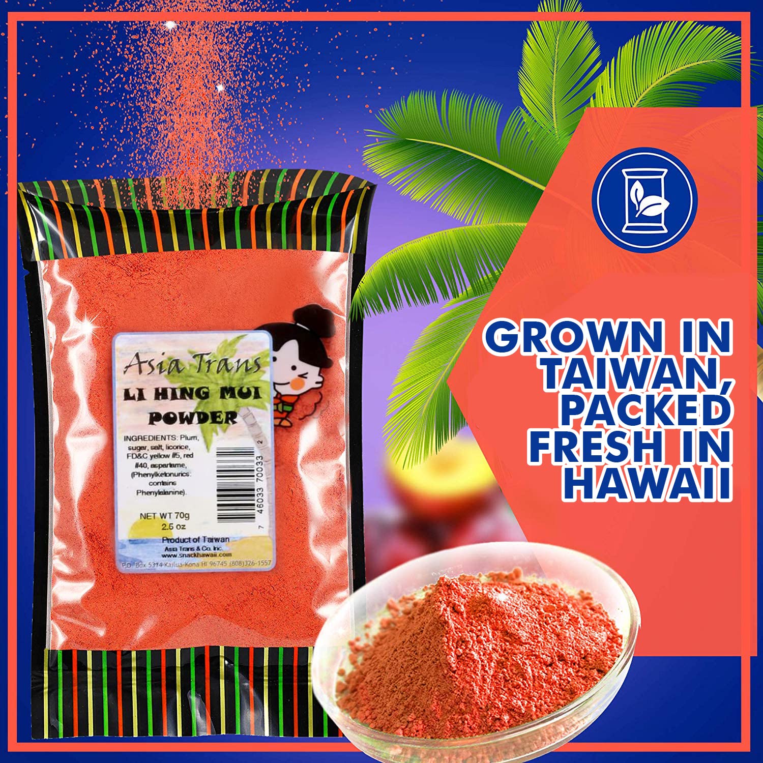 Asia Trans Li Hing Mui Crack Seed Plum Powder | Hawaiian Favorite | Sweet, Sour, & Salty Dried Asian Umeboshi Topping for Desserts and Snacks (2.5 oz)