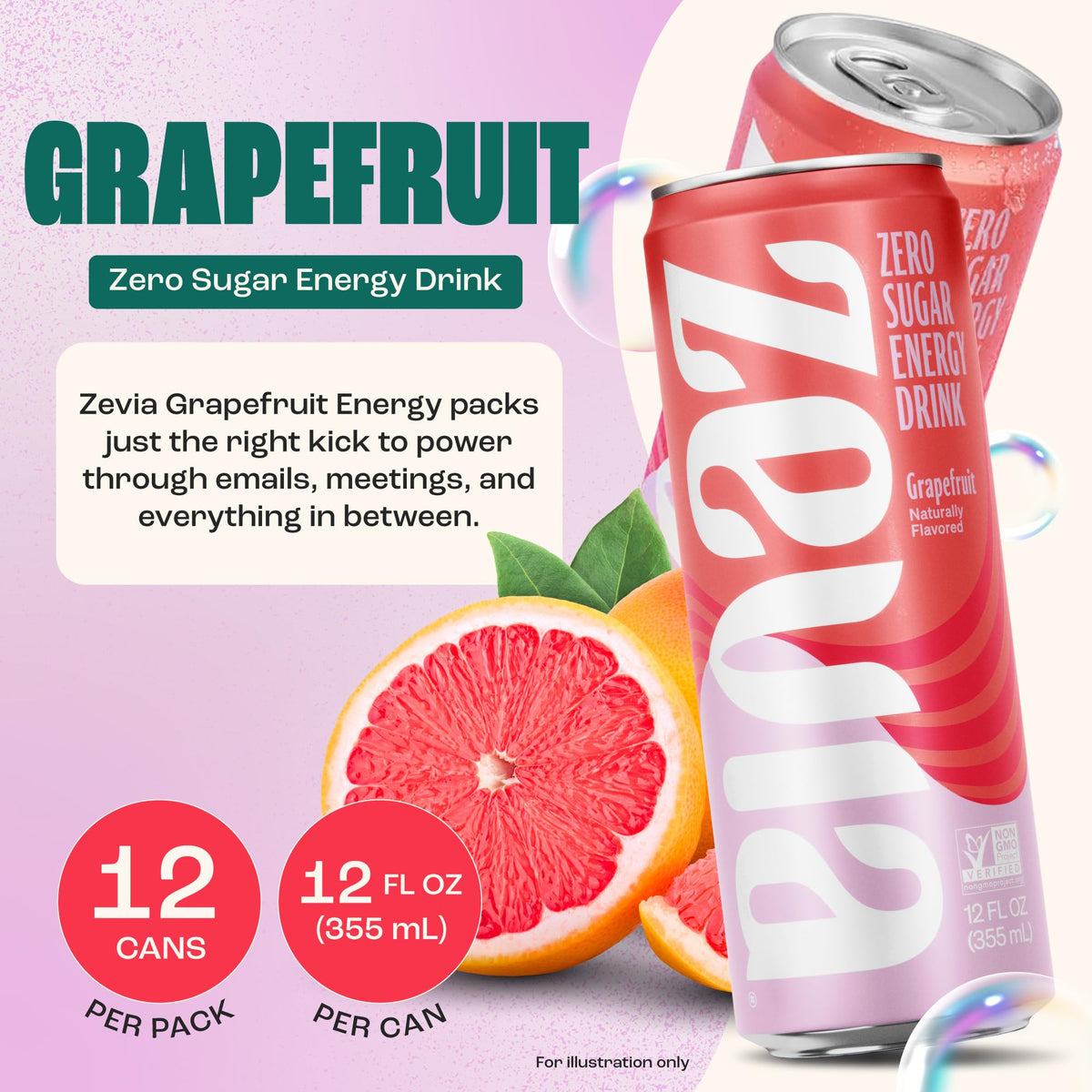 Zevia Zero Sugar Energy Drink, Grapefruit, 12 oz Cans (12-Pack) - Naturally Sweetened, Non-GMO Project Verified, Gluten-Free, Vegan