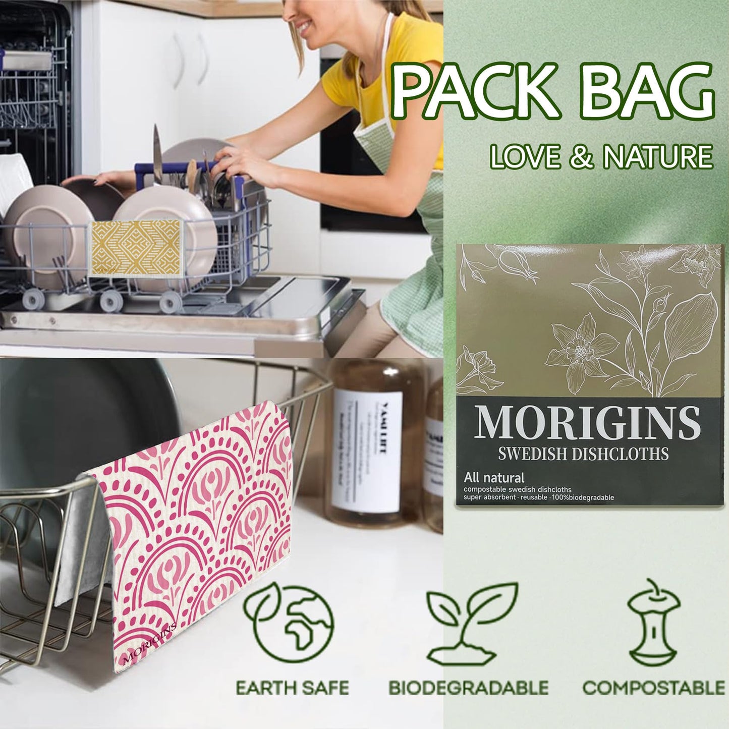 Morigins Swedish Kitchen Towel Set Reusable Kitchen Towel Set Absorbent Cellulose Sponge Cloth 8 Pack Set Biodegradable Ideal for Household Kitchen