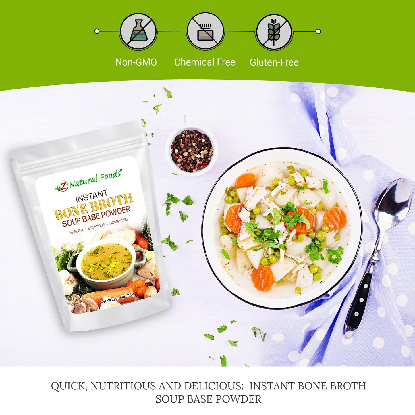 Instant Bone Broth Soup Powder - Rich Umami Flavor packed with Collagen, Keto and Paleo Friendly - 1 lb