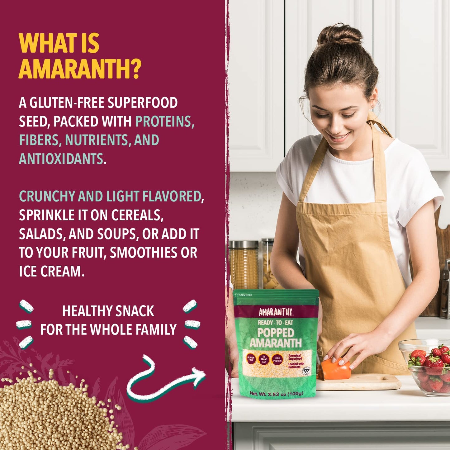 Amaranthy Ready-to-eat Popped Amaranth Bag (3.53 oz) - High Protein Grain - Low Calorie - Vegan (1. Popped Bag 3.5 oz.)