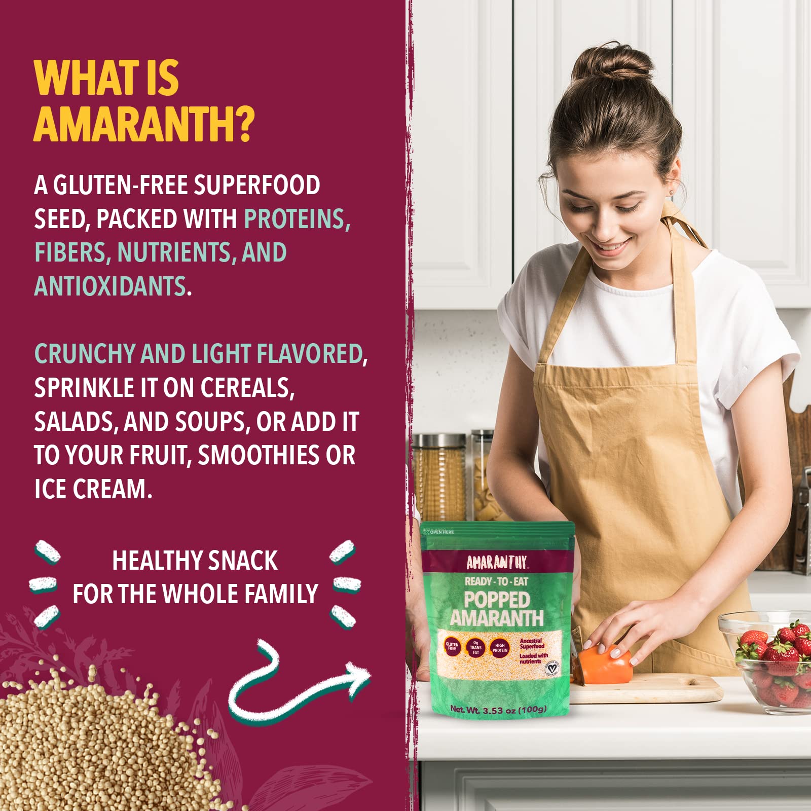 Amaranthy Ready-to-eat Popped Amaranth Bag (3.53 oz) - High Protein Grain - Low Calorie - Vegan (1. Popped Bag 3.5 oz.)