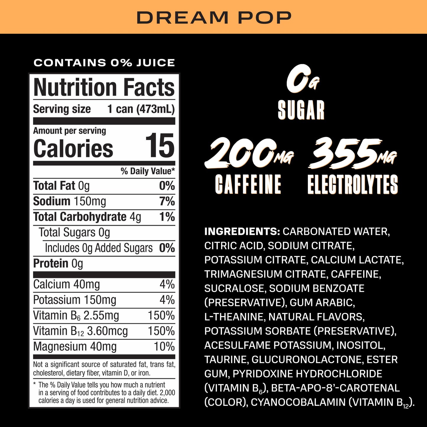 PRIME Energy DREAMPOP, Sugar Free Energy Drink, 200mg Caffeine and 355mg of Electrolytes for Hydration, Low Calorie, Vegan, Gluten Free, 16 Fluid