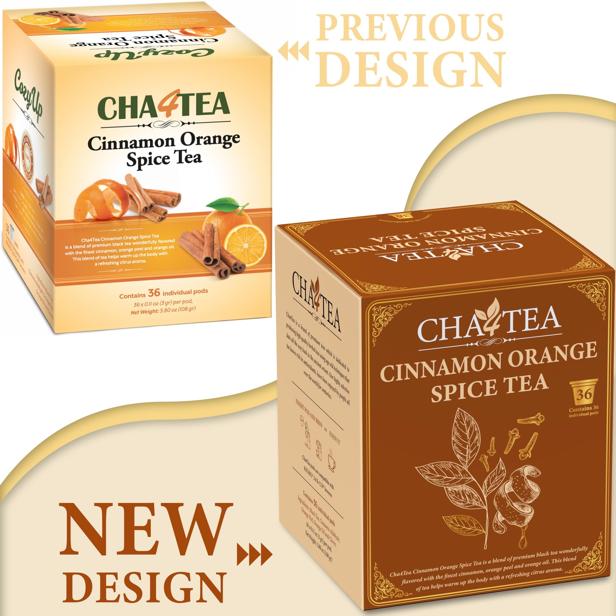 Cha4Tea 36-Count Cinnamon Orange Spice Herbal Black Tea Pods Compatible with Keurig K-Cup Brewers