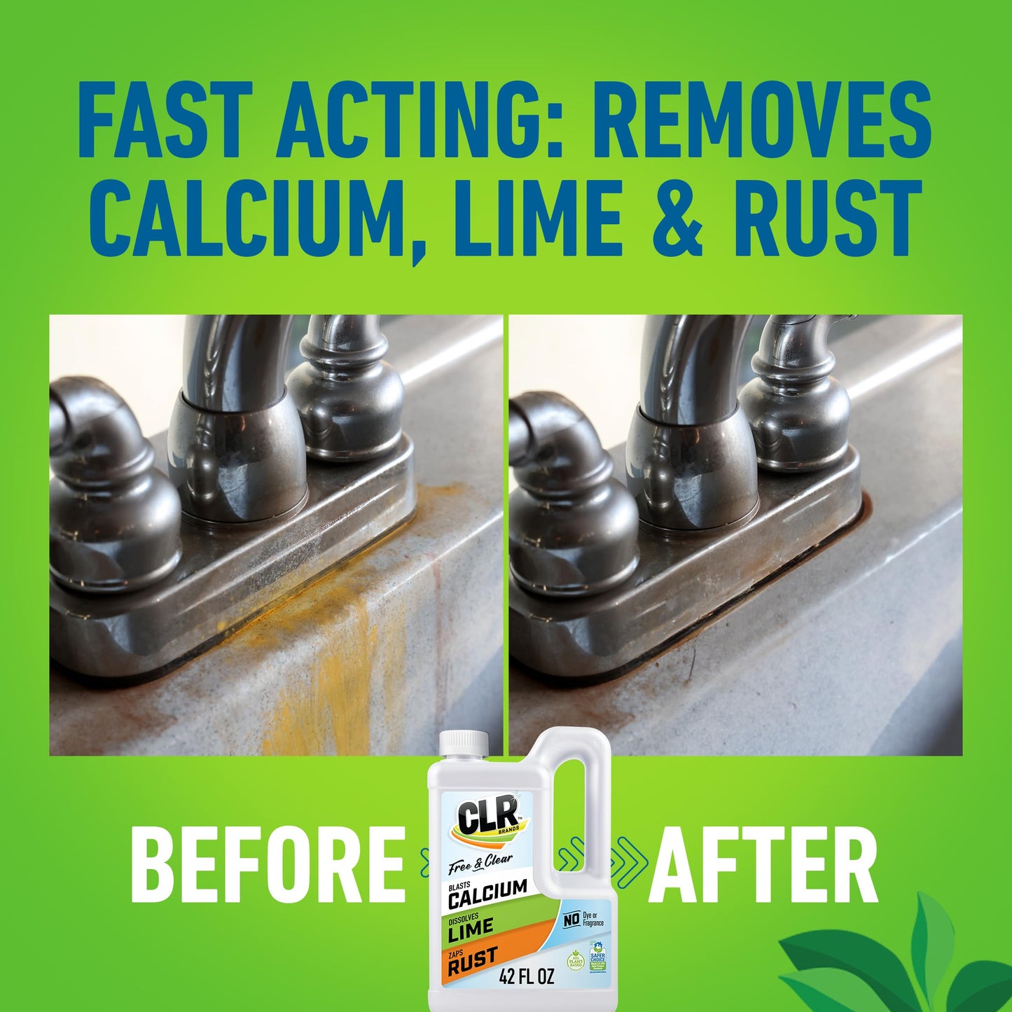 CLR Brands Calcium, Lime & Rust Remover Free & Clear, No Dyes or Fragrances, Gentle Lime and Bathroom Descaler, Removes Hard Water Stains and Rust