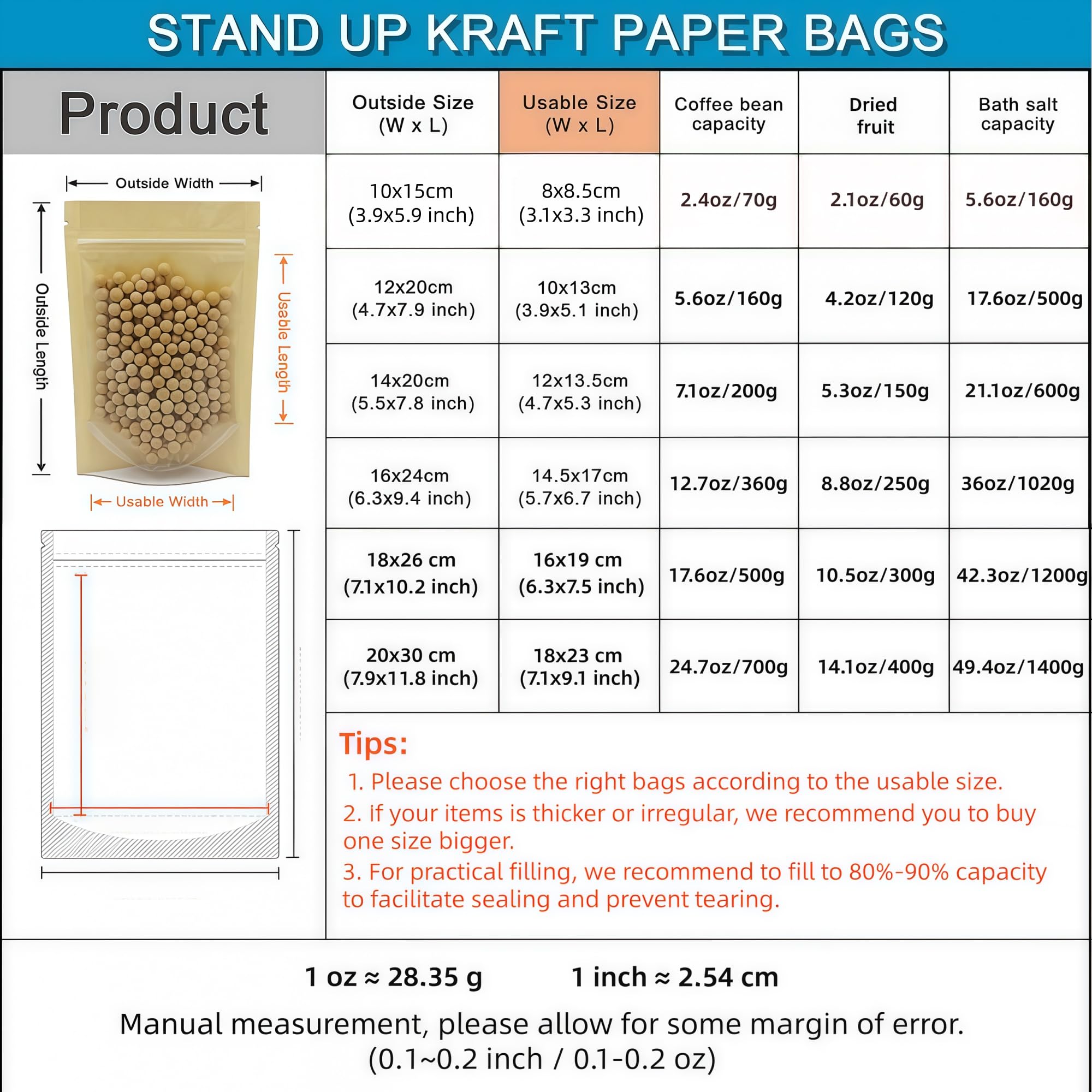 FERENLI 50 Pcs 3.9x5.9 inch (Inside Size 3.1x3.3) Clear Front Brown Kraft Paper for Zip Plastic Package Lock Bag Doypack Stand Up Pouch Reclosable