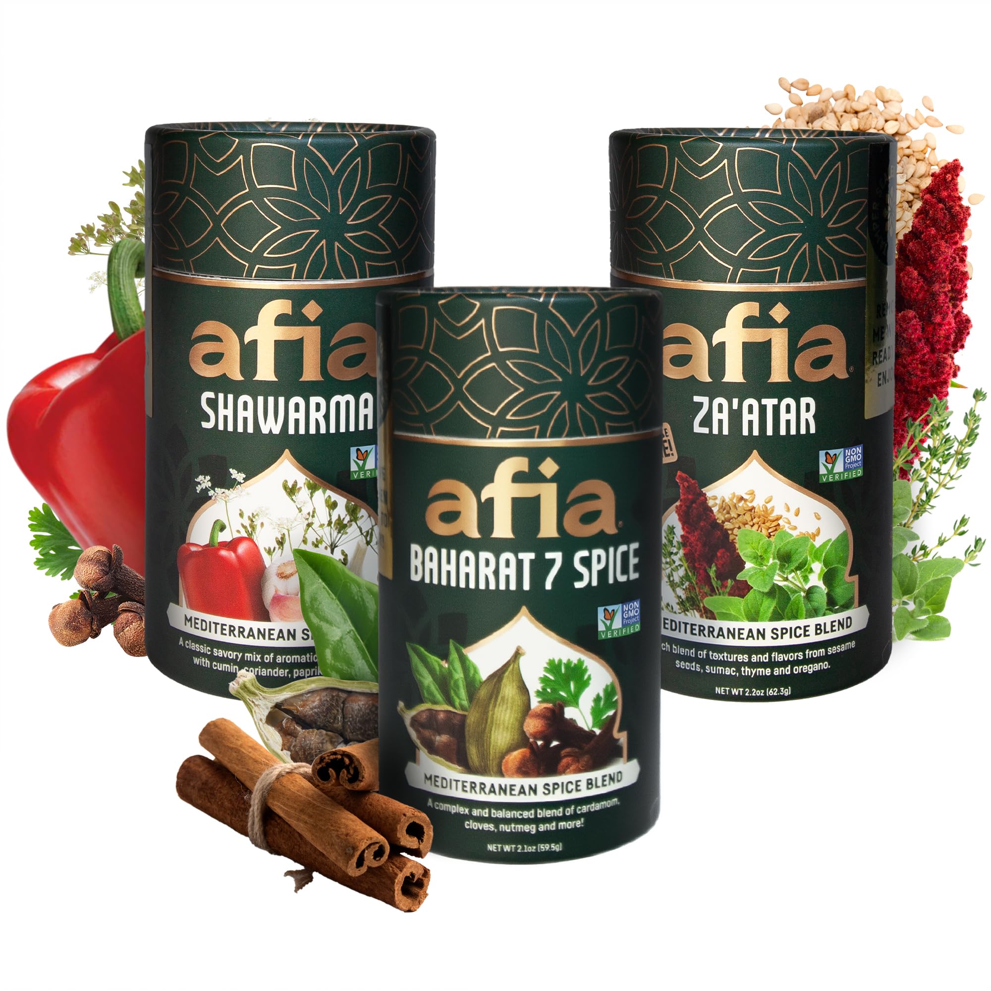 Afia Mediterranean Spice Blends Gift Set | Za’atar, Baharat & Shawarma Spice | Mediterranean for Steak, Chicken and Vegetable Seasoning, BBQ Rub (Pack