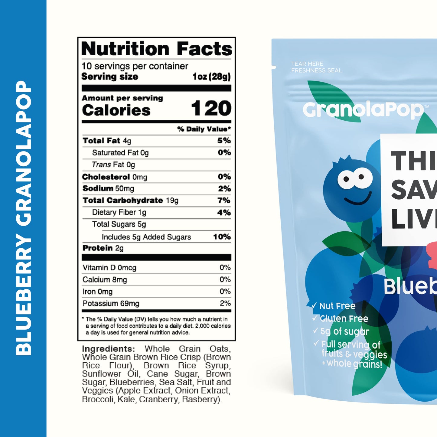This Saves Lives Kids' GranolaPop, Blueberry Granola, Healthy Safe-For-School Kids' Breakfast and Snack, Vegan, Gluten Free, Nut Free, Dairy Free, Non