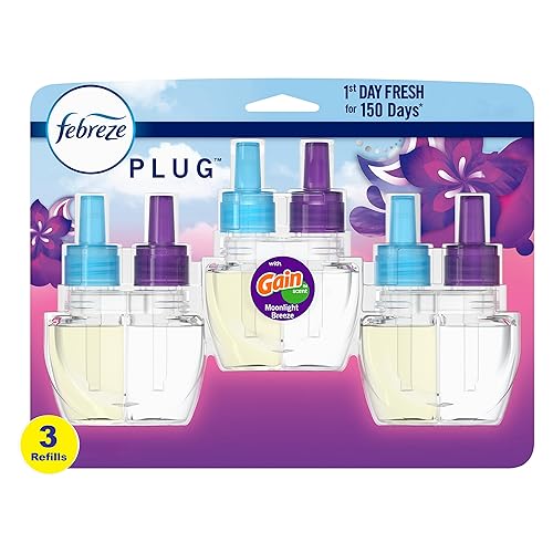 Febreze Plug In Air Freshener, Odor-Fighting Scented Oil Refill, Gain Moonlight Breeze, 3 Refills