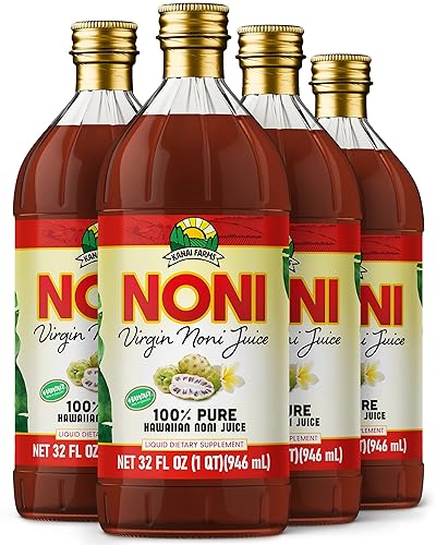 Virgin Noni Juice - 100% Pure Hawaiian Noni Juice - 4 Pack of 32oz Glass Bottles
