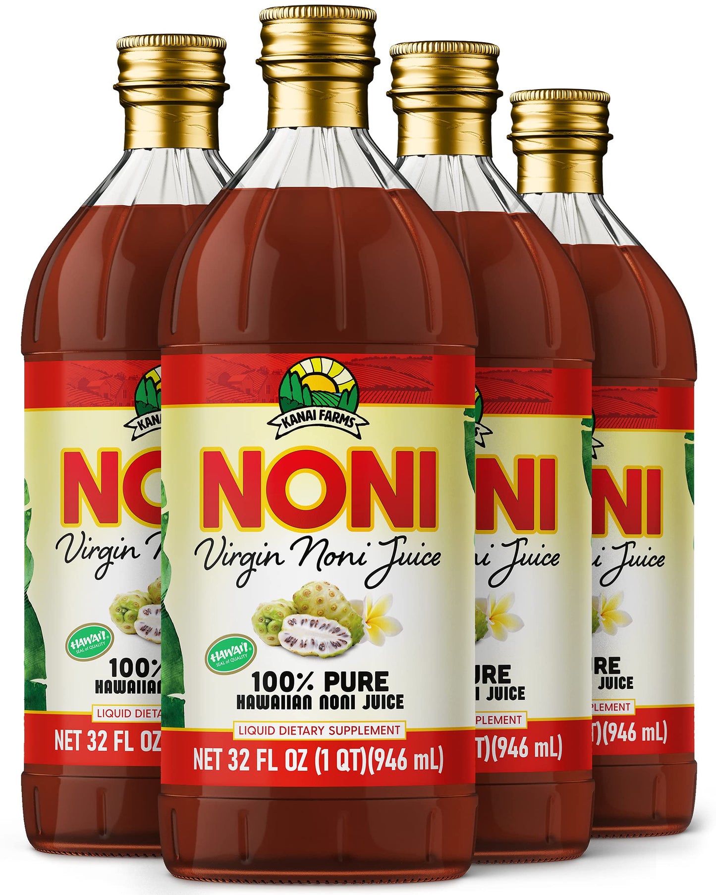 Virgin Noni Juice - 100% Pure Hawaiian Noni Juice - 4 Pack of 32oz Glass Bottles