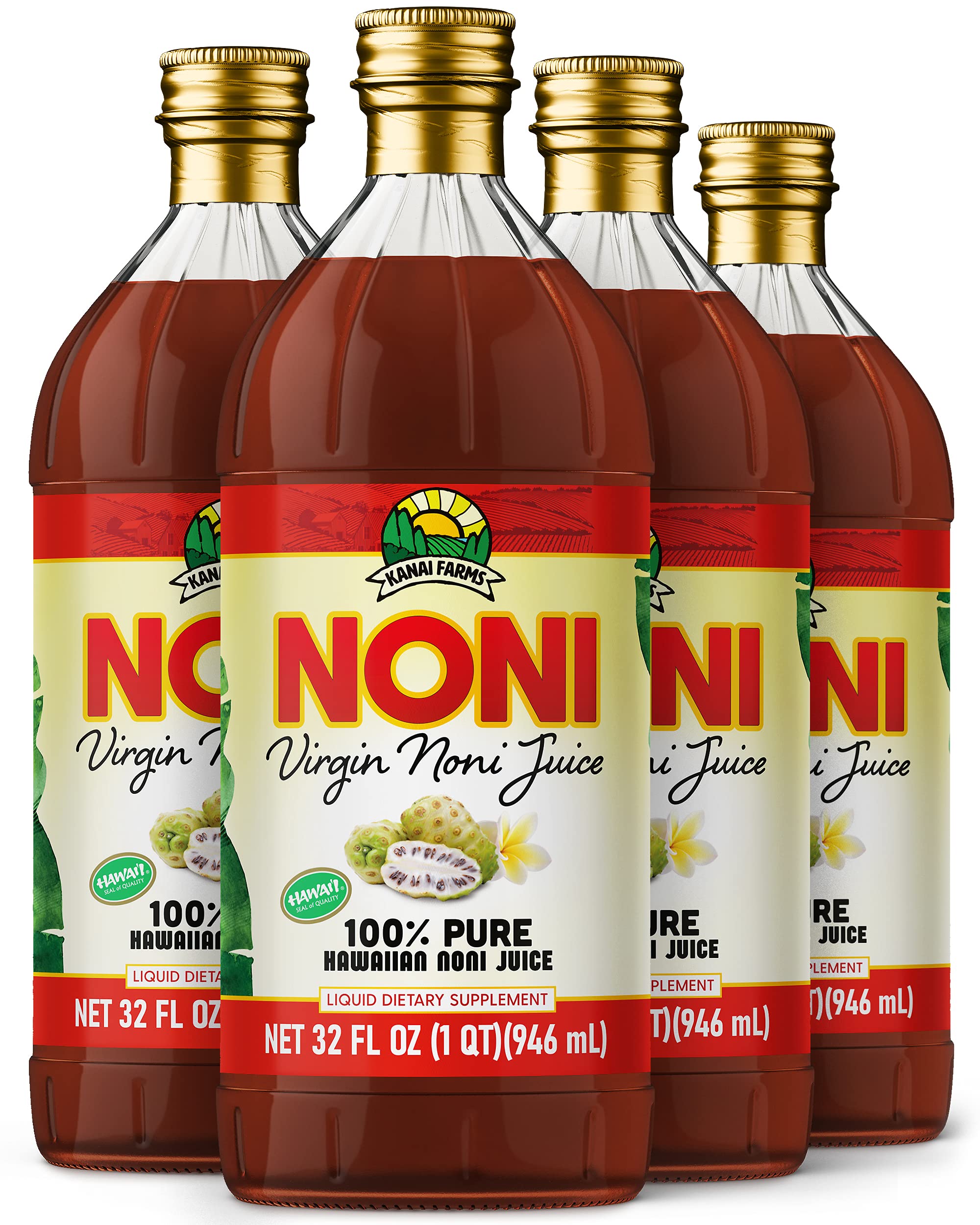 Virgin Noni Juice - 100% Pure Hawaiian Noni Juice - 4 Pack of 32oz Glass Bottles